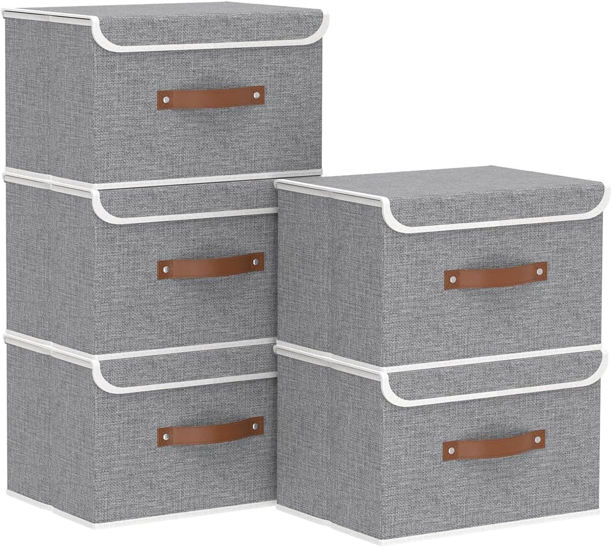 Yawinhe Collapsible Storage Boxes, Linen Fabric Baskets, Bin with lid and Leather Handle, Washable, for Home, Closet, Beige, 17.7''Lx11.8''Wx11.8''H
