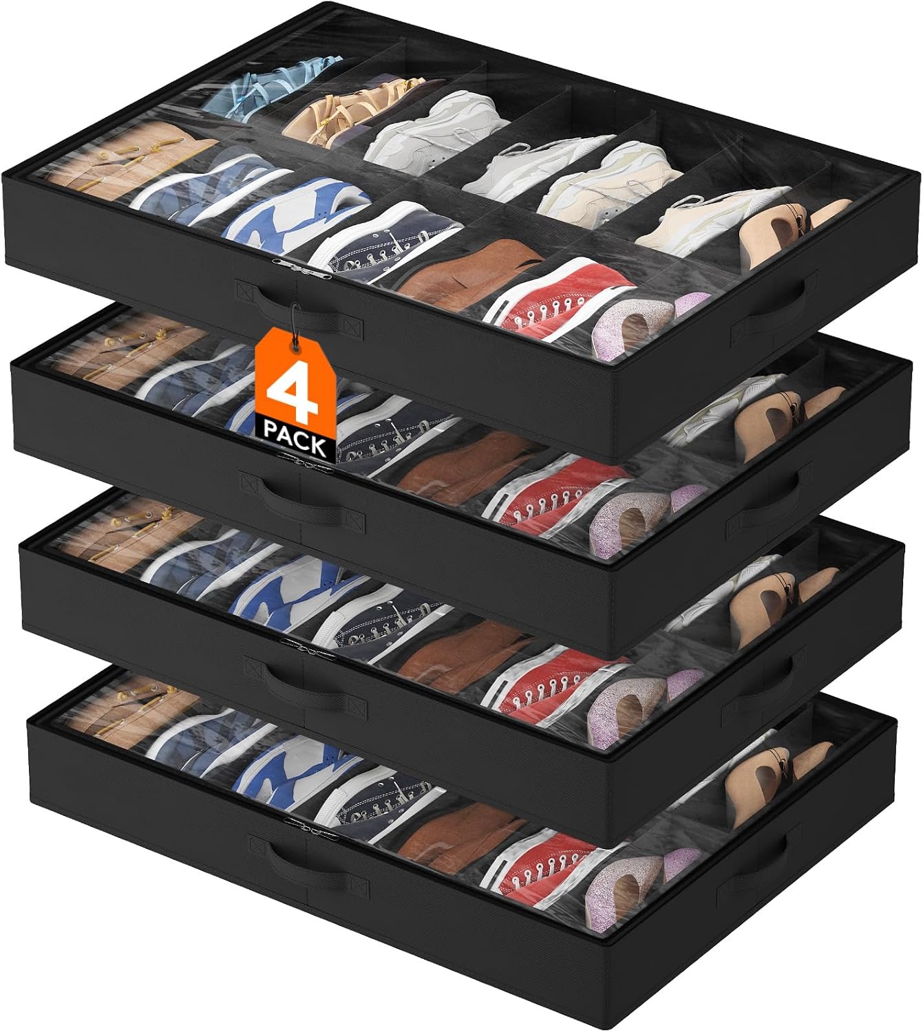 Lifewit Under Bed Shoe Storage Organizer 4 Pack(16 Shoes Cells), 4.3 Inches Profile Fabric Shoes Container Box with Clear Cover