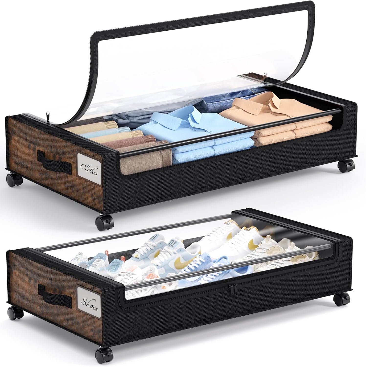 Yecaye Under Bed Storage with Wheels, 2Pack Under Bed Storage Containers, Underbed Shoe Storage Organizer, Rolling Under Bed Metal Drawers for Clothes