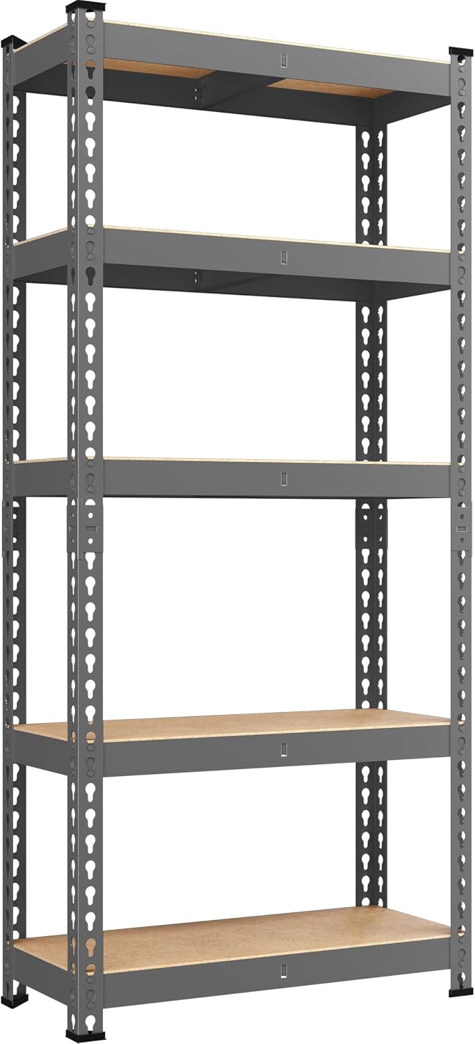 Yaheetech 5-Tier Heavy Duty Storage Shelves 28" W x 12" D x 60" H Silver, Boltless powder-coated metal frame and MDF boards assemble easily
