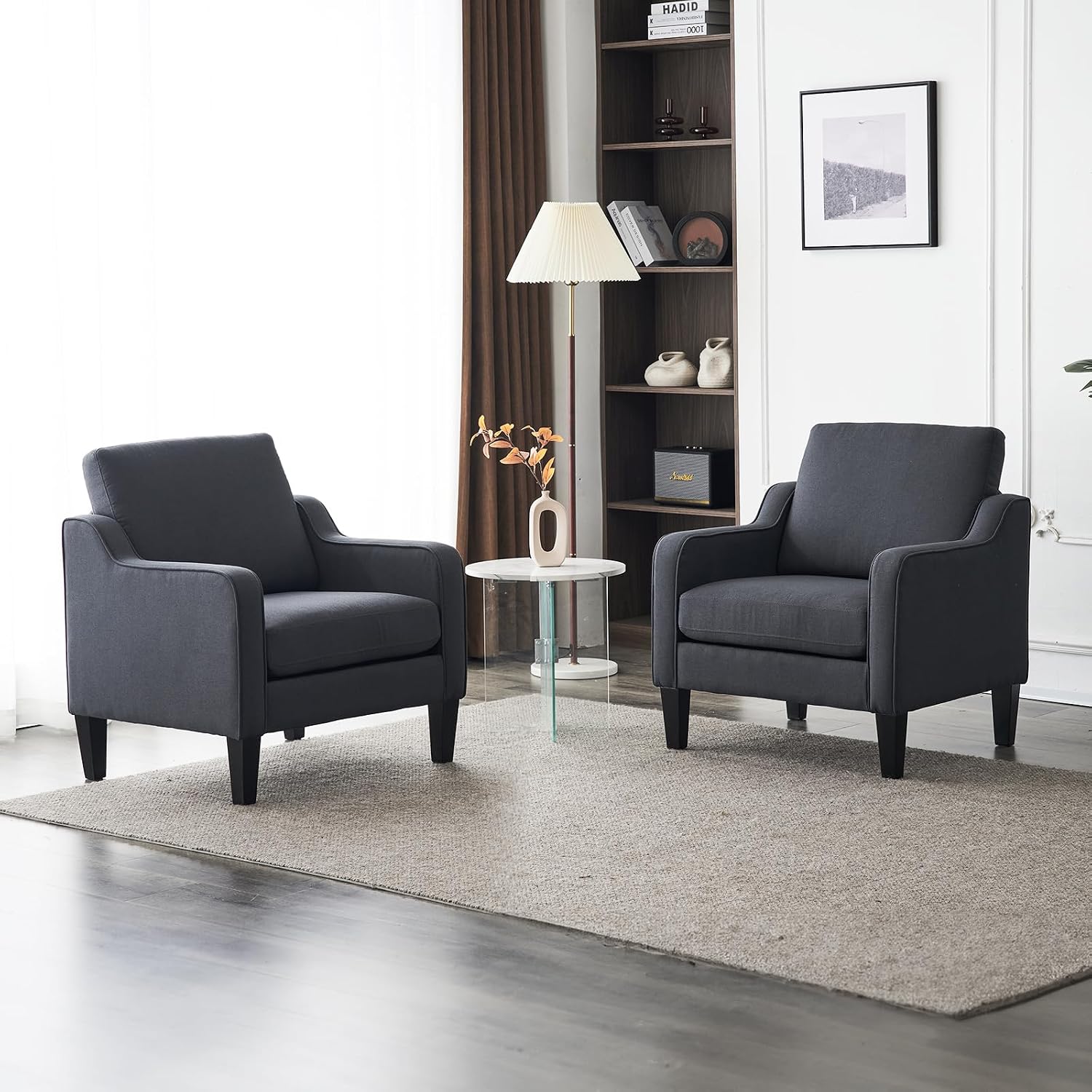 VINGLI Mid Century Modern Accent Chair, Light Grey Fabric Accent Chairs for Living Room Upholstered Armchair with Scooped Arms for Bedroom, Apartment