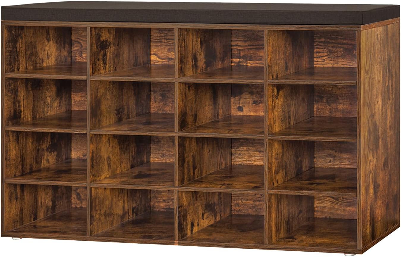 Shoe Storage Bench with Cushion, 15-Cubby Shoe Rack, Adjustable Shelves, Long Shoe Organizer Bench for Entryway, Mudroom, Hallway, Living Room