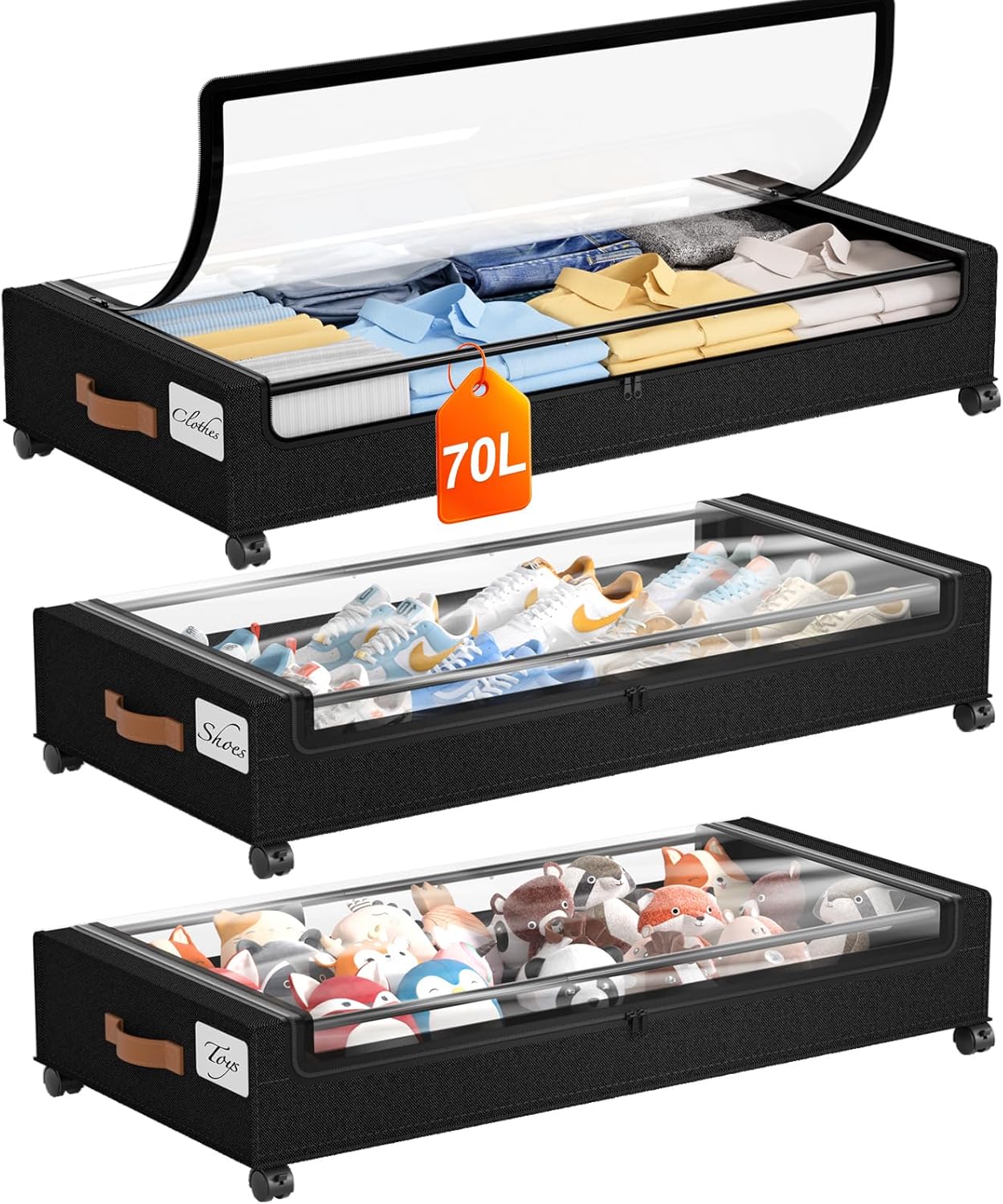 Yecaye Under Bed Storage with Wheels 2 Pack, 70L Larger Capacity Under Bed Storage Containers, Underbed Shoe Storage Organizer