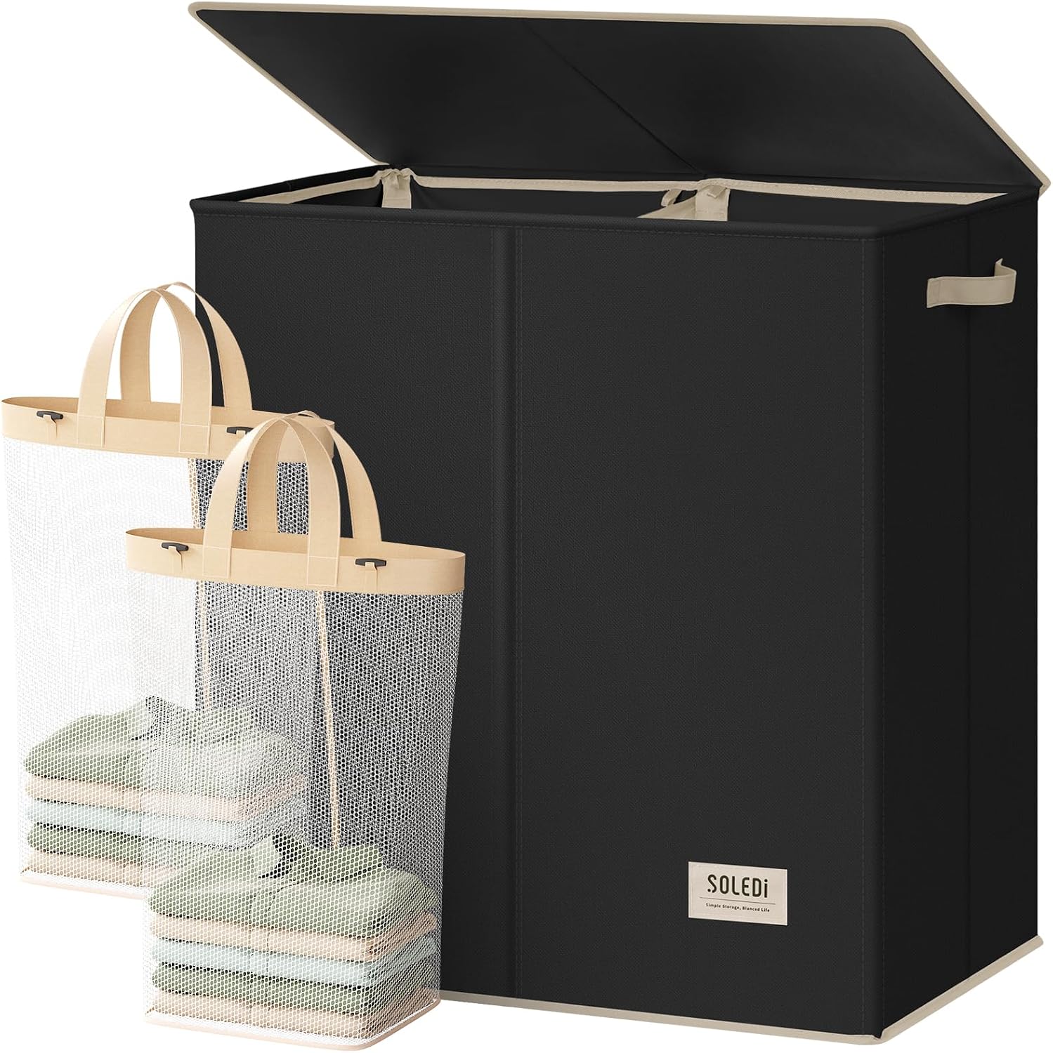 SOLEDI Luxury Double Laundry Hamper with Lid and Removable Bags, 38.3 Gal Large Laundry Bin, Laundry Basket 2 Sections