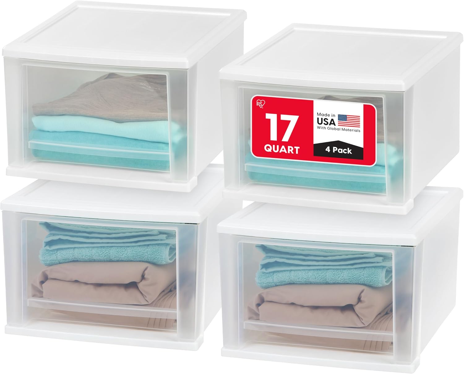 IRIS USA 4-Pack, 27 Qt. Under Bed Storage Bin with Sliding Drawers, White, Store seasonal clothing, shoes, blankets