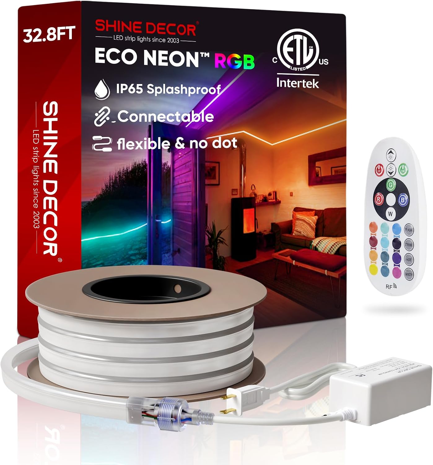 Shine Decor LED RGB Neon Rope Lights AC 120V, Expandable and Cuttable Bright Strip Lighting with Remote, Dimmable Color Changing
