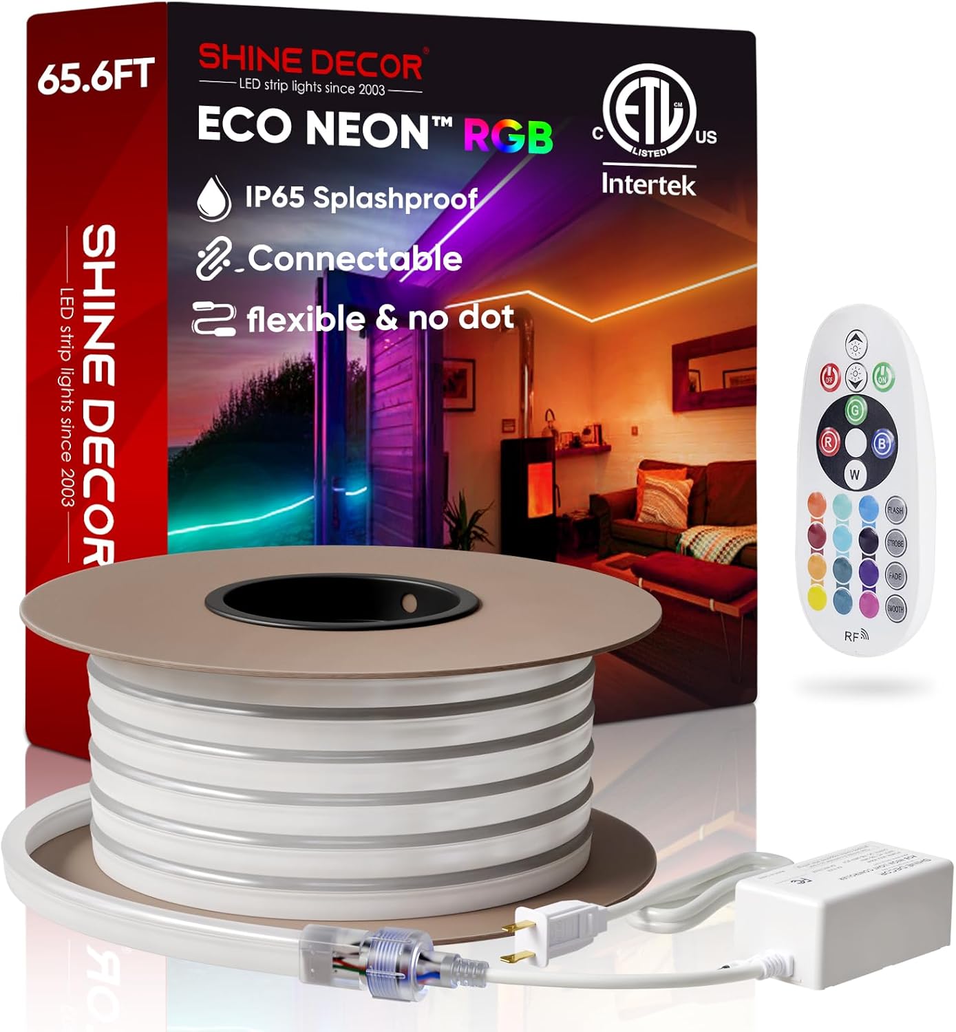 Shine Decor LED RGB Neon Rope Lights AC 120V, Expandable and Cuttable Bright Strip Lighting with Remote, Dimmable Color Changing