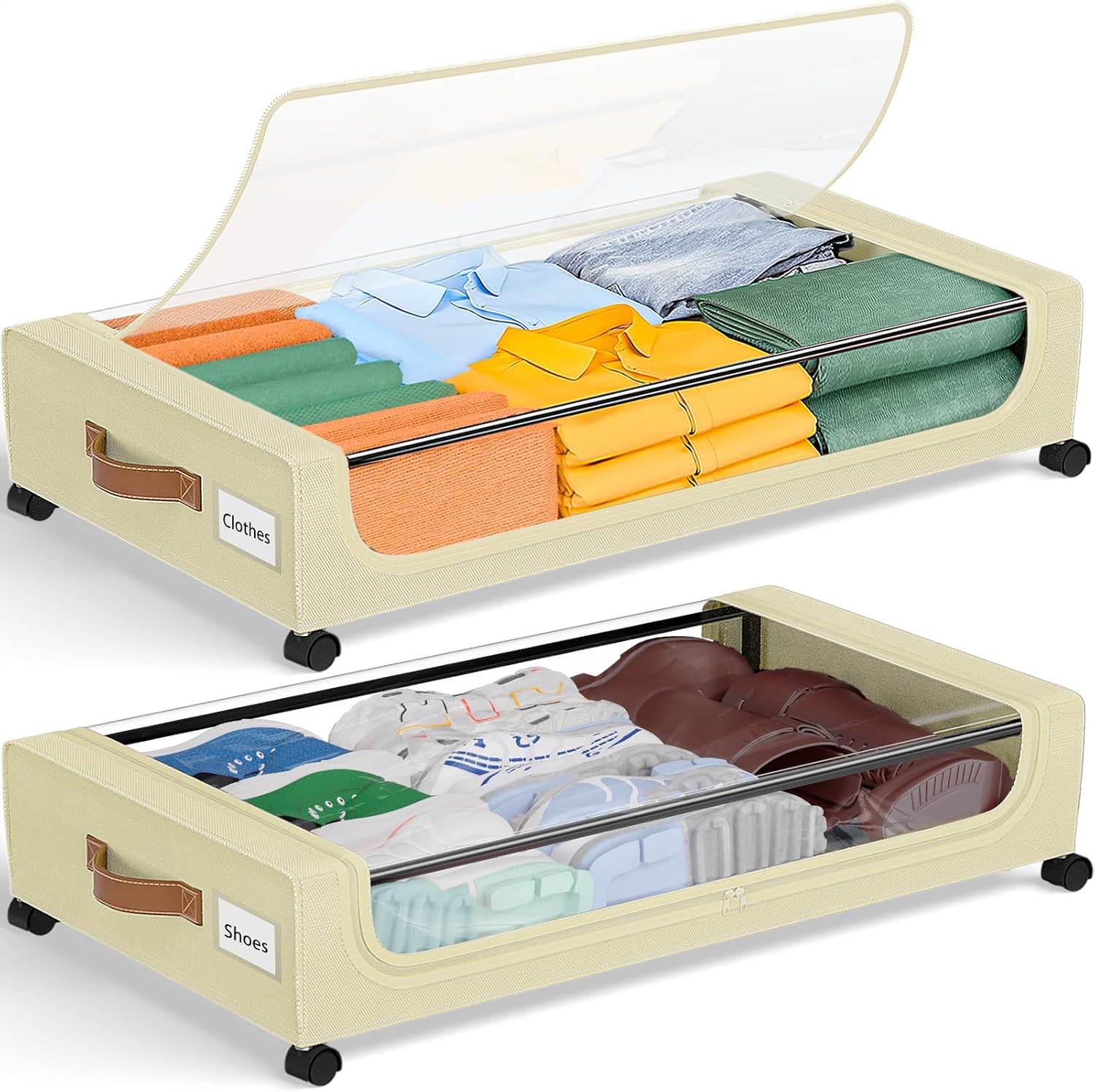 GoMaihe Under Bed Storage with Wheels: 48L Underbed Storage Containers with Lids - Rolling Bins for Shoes Clothes in Dorm Bedroom - Metal Drawers Easy