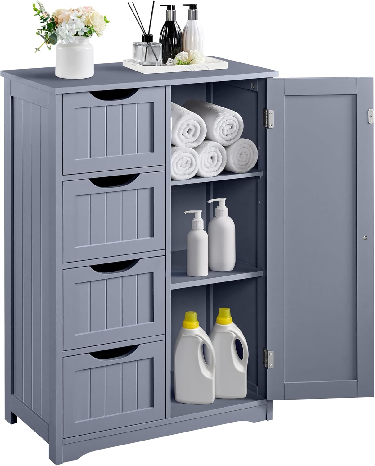 Yaheetech Wooden Floor Cabinet, Side Storage Organizer with 4 Drawers and 1 Cupboard, Freestanding Entryway Storage Unit Console Table