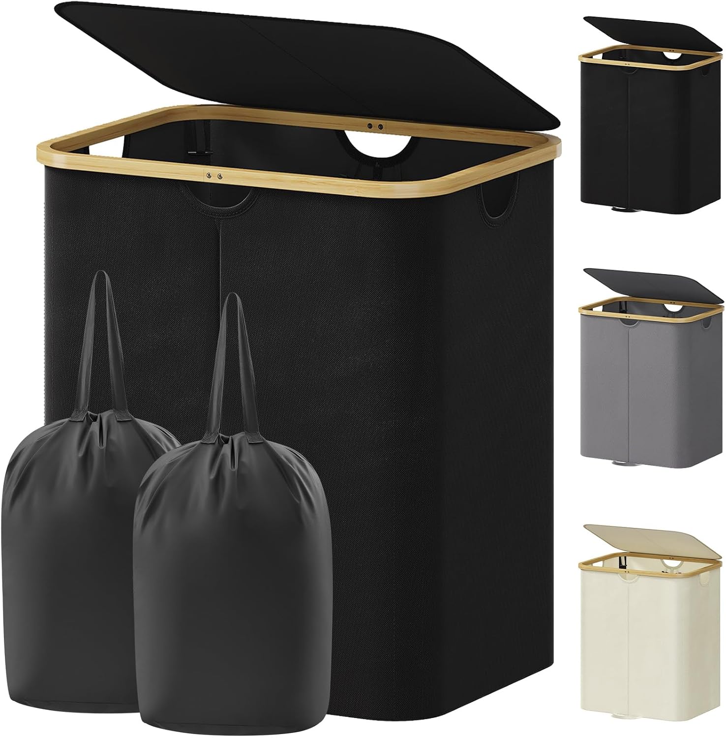 Lifewit 150L Double Laundry Hamper with Lid, Large Laundry Basket with Removable Bag and Bamboo Handles