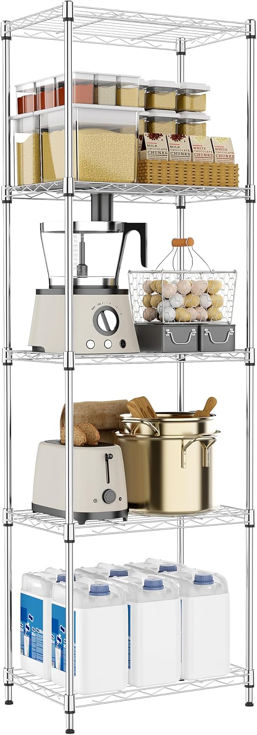 M MZG 5-Shelf Storage Shelves, Wire Shelving Heavy Duty Metal Storage Shelving Unit Adjustable Garage Shelving Rack Pantry Kitchen (Chrome, 5 Tier