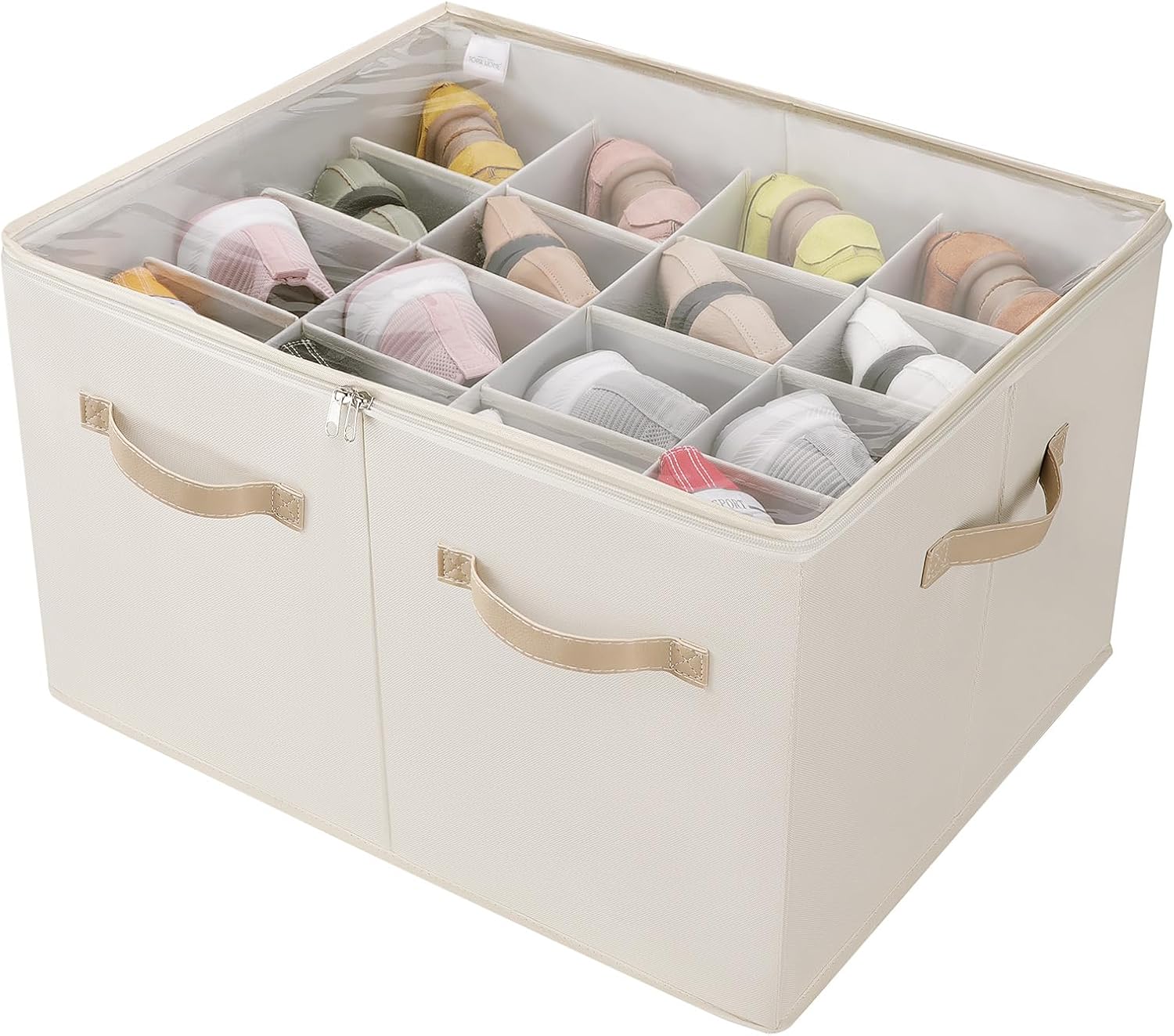 TOPIA HOME Shoe Organizer for Closet, Foldable Shoe Box with Adjustable Dividers and Clear Cover