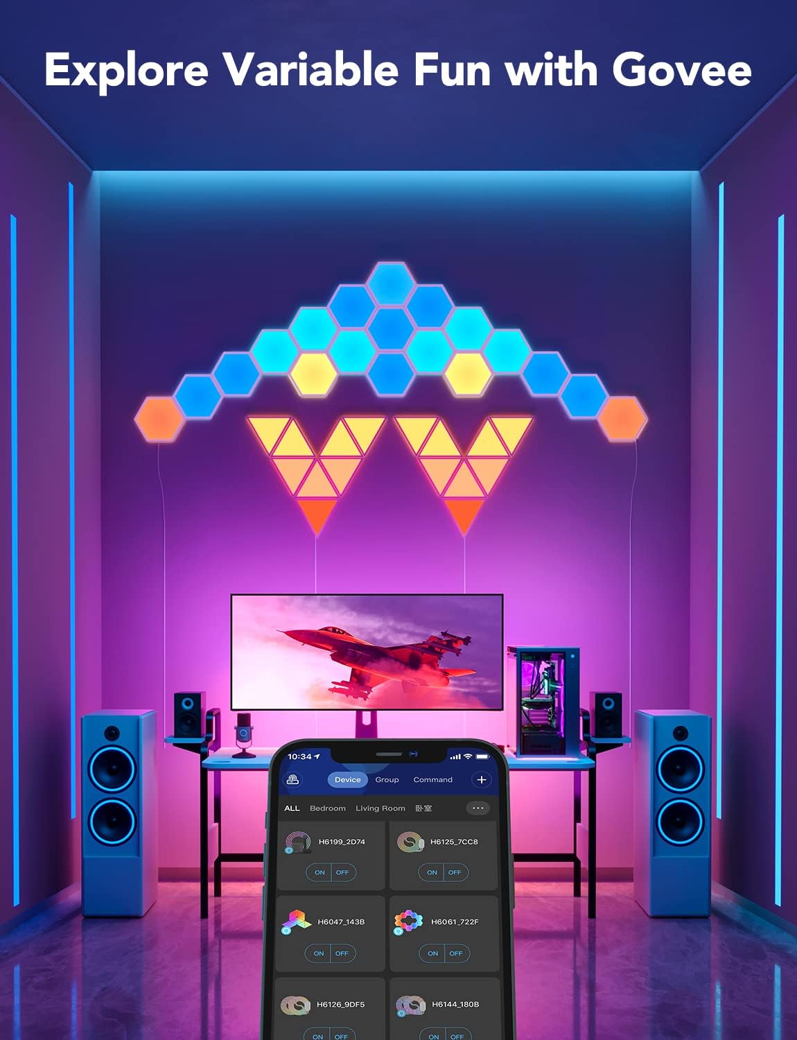 Govee Glide Hexa Light Panels, RGBIC Hexagon LED Wall Lights, Wi-Fi Smart Home Creative Wall Lights with Music Sync