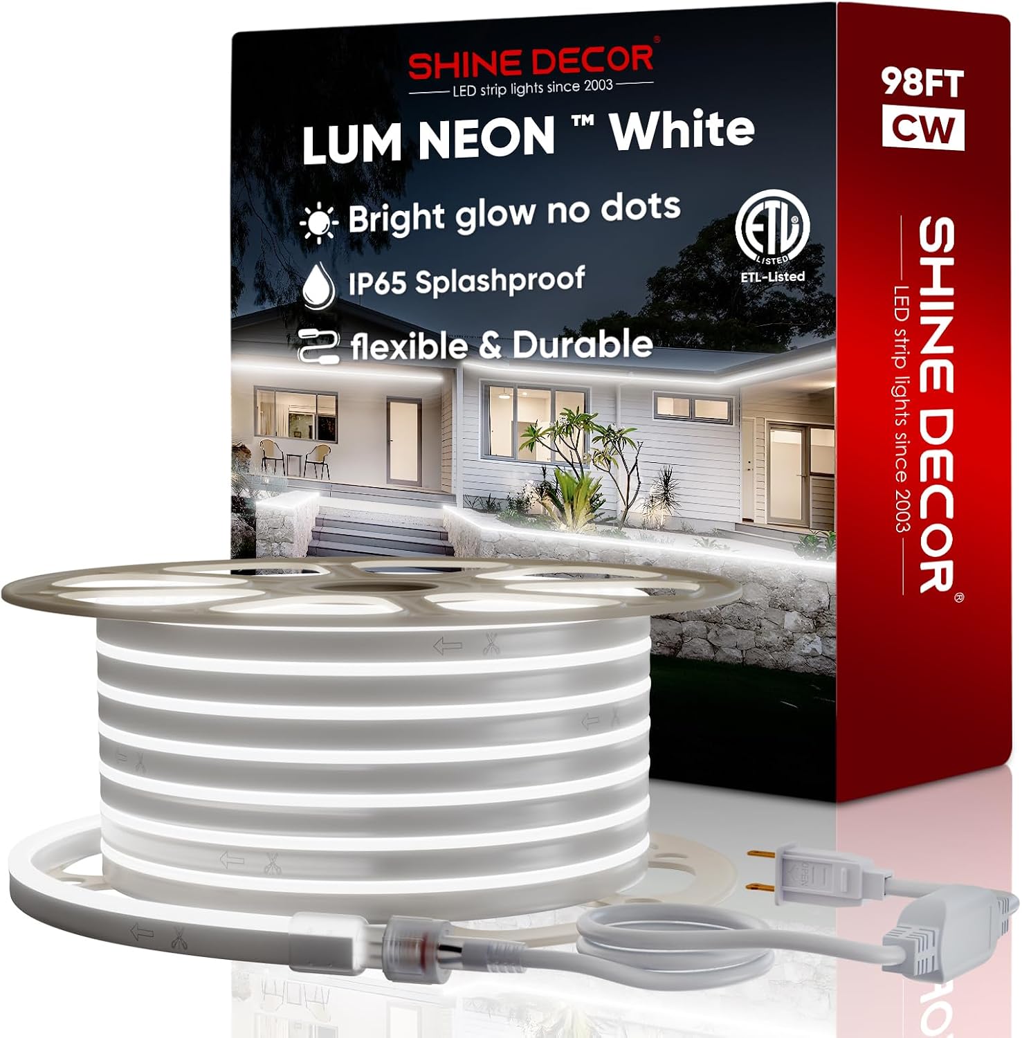 Shine Decor LED RGB Neon Rope Lights AC 120V, Expandable and Cuttable Bright Strip Lighting with Remote, Dimmable Color Changing