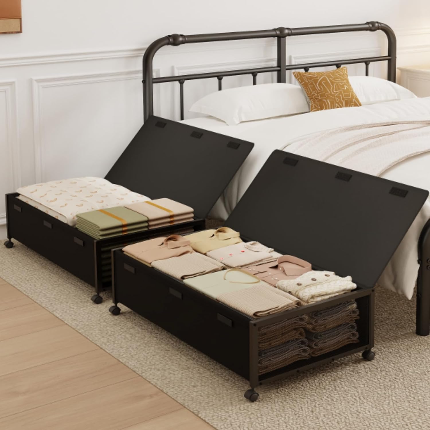Fokyfok 2 Pack Under the Bed Storage Containers, 10 inch Height Under Bed Shoe Storage, 31inch Long Underbed Storage with Wheels