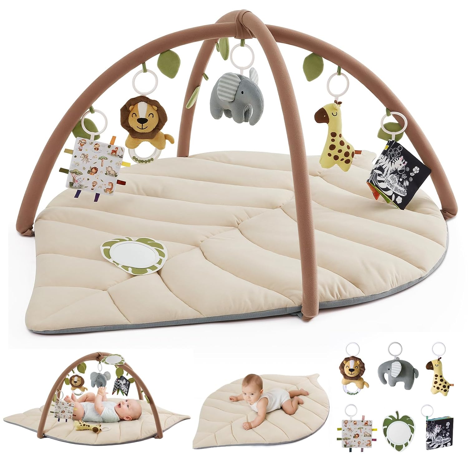 Blissful Diary Baby Play Gym and Activity Mat, Oversize Leaf Shaped Baby Play Mat w 6 Detachable Toys