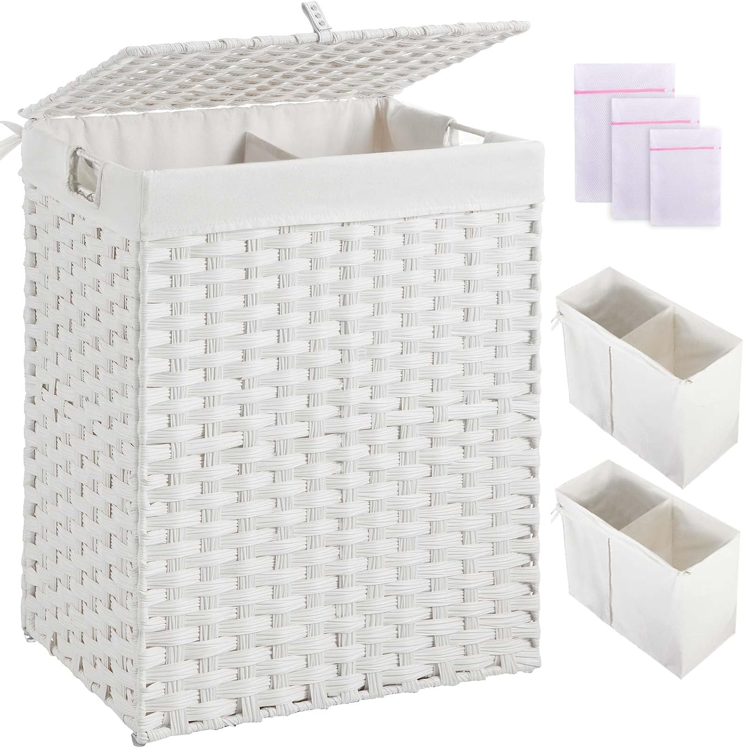 Greenstell Laundry Hamper with lid, No Install Needed, 110L Wicker Laundry Baskets Foldable 2 Removable Liner Bags