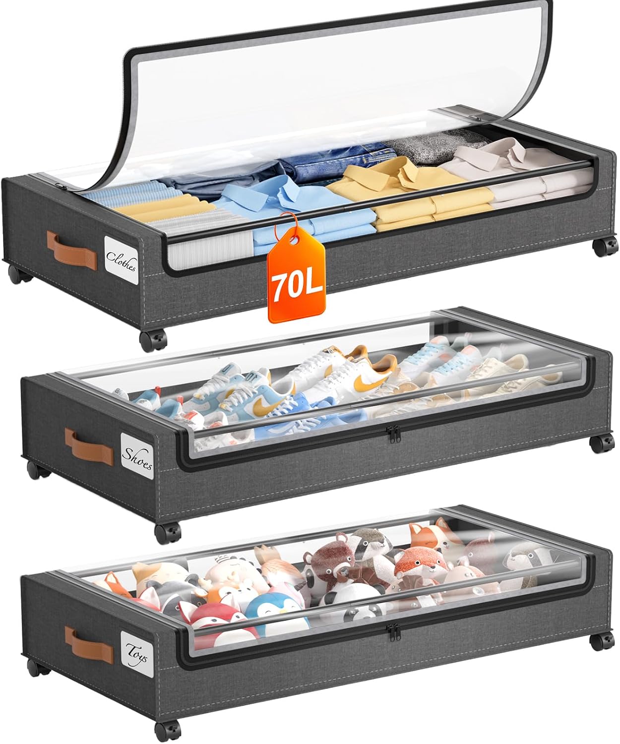 Yecaye Under Bed Storage with Wheels, 2Pack Under Bed Storage Containers, Underbed Shoe Storage Organizer, Rolling Under Bed Metal Drawers for Clothes