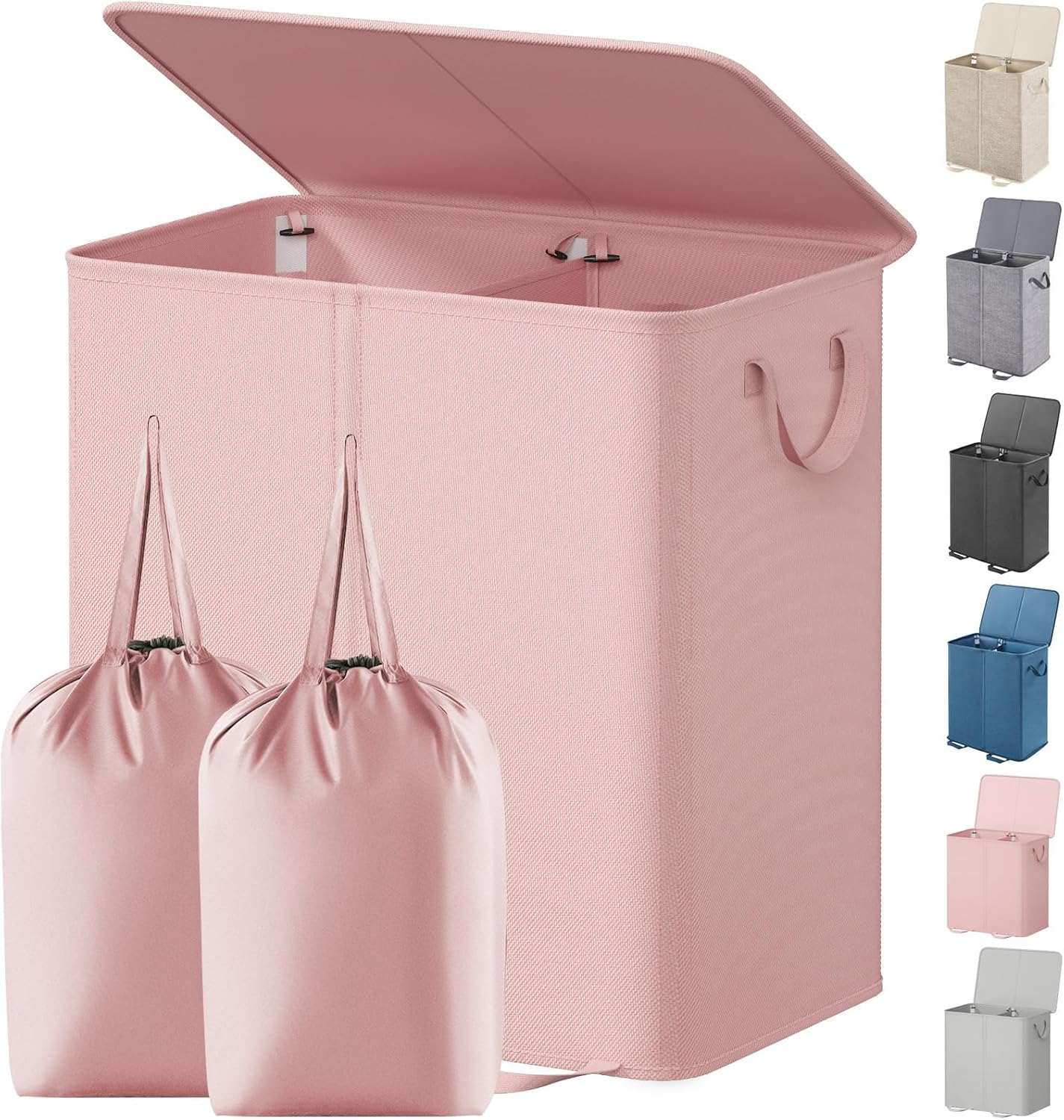Lifewit Double Laundry Hamper with Lid and Removable Laundry Bags, Large Collapsible 2 Dividers Dirty Clothes Basket with Handles for Bedroom Laundry