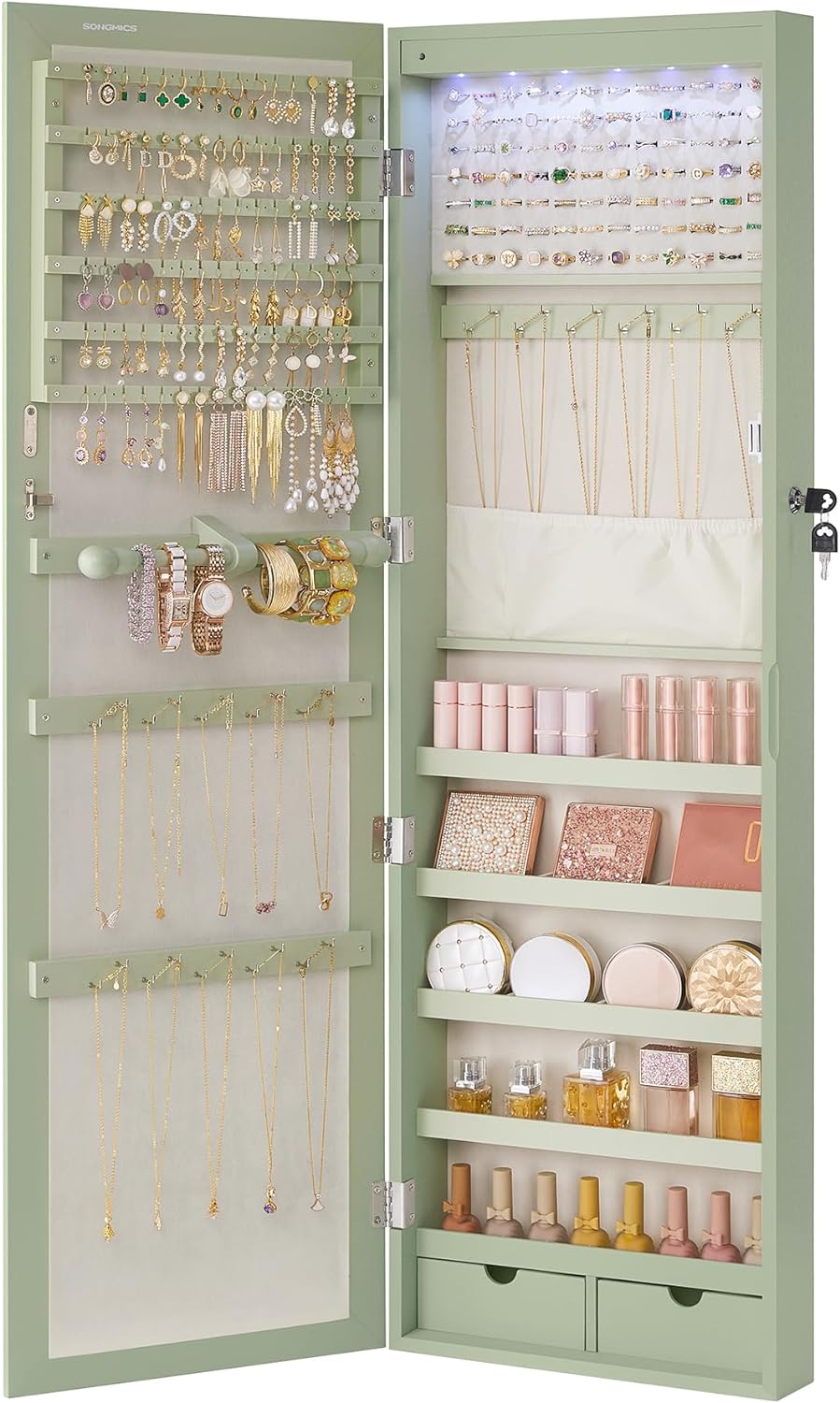SONGMICS 6 LEDs Mirror Jewelry Cabinet, 47.2-Inch Tall Lockable Wall or Door Mounted Jewelry Armoire Organizer with Mirror, 2 Drawers