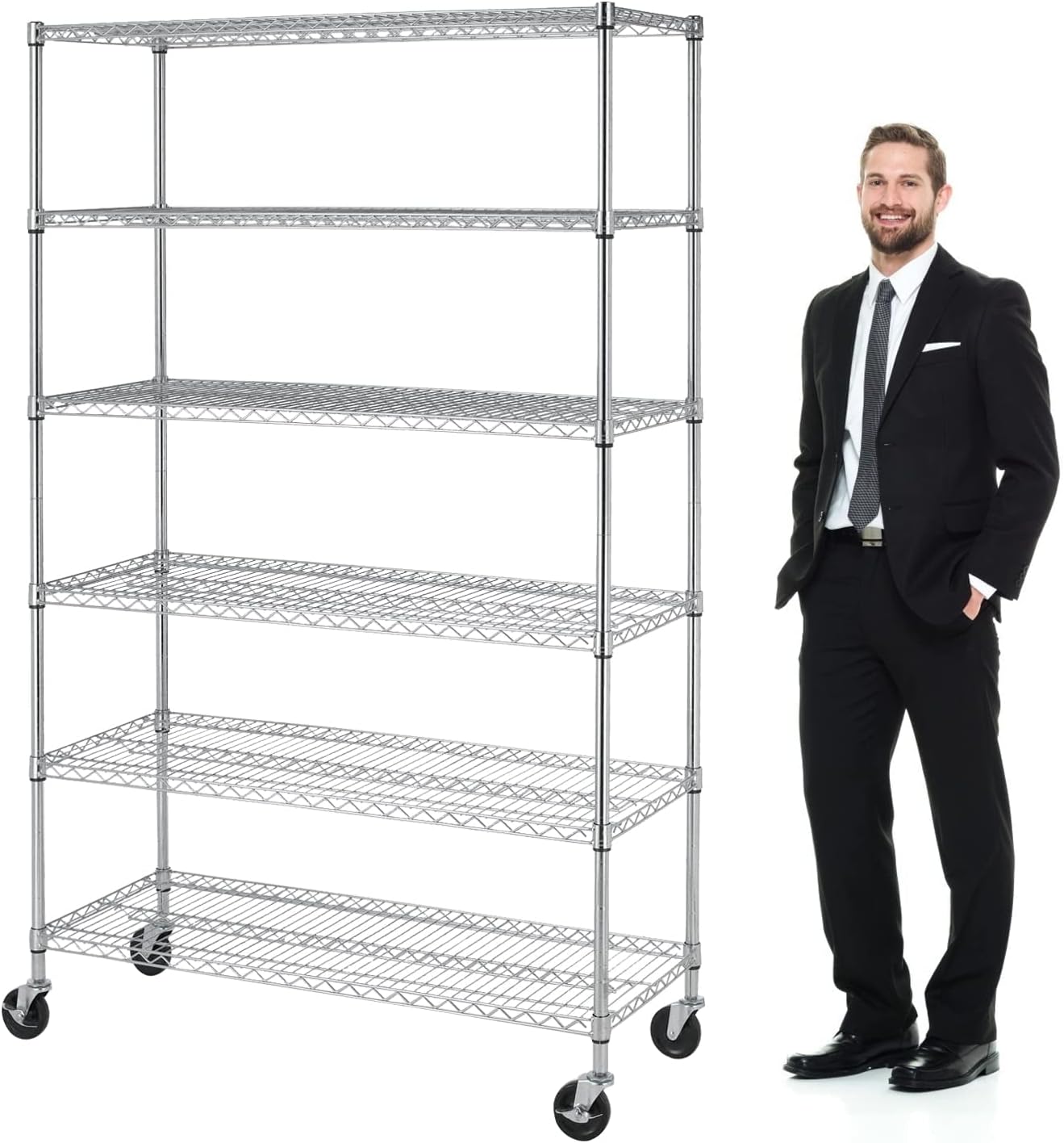 Heavy Duty 6 Tier Shelving Unit Adjustable 6000Lbs Capacity Steel Storage Rack 18" x 48 x 76 Mobile Shelves Wire Shelf Silver Rolling Utility Cart for