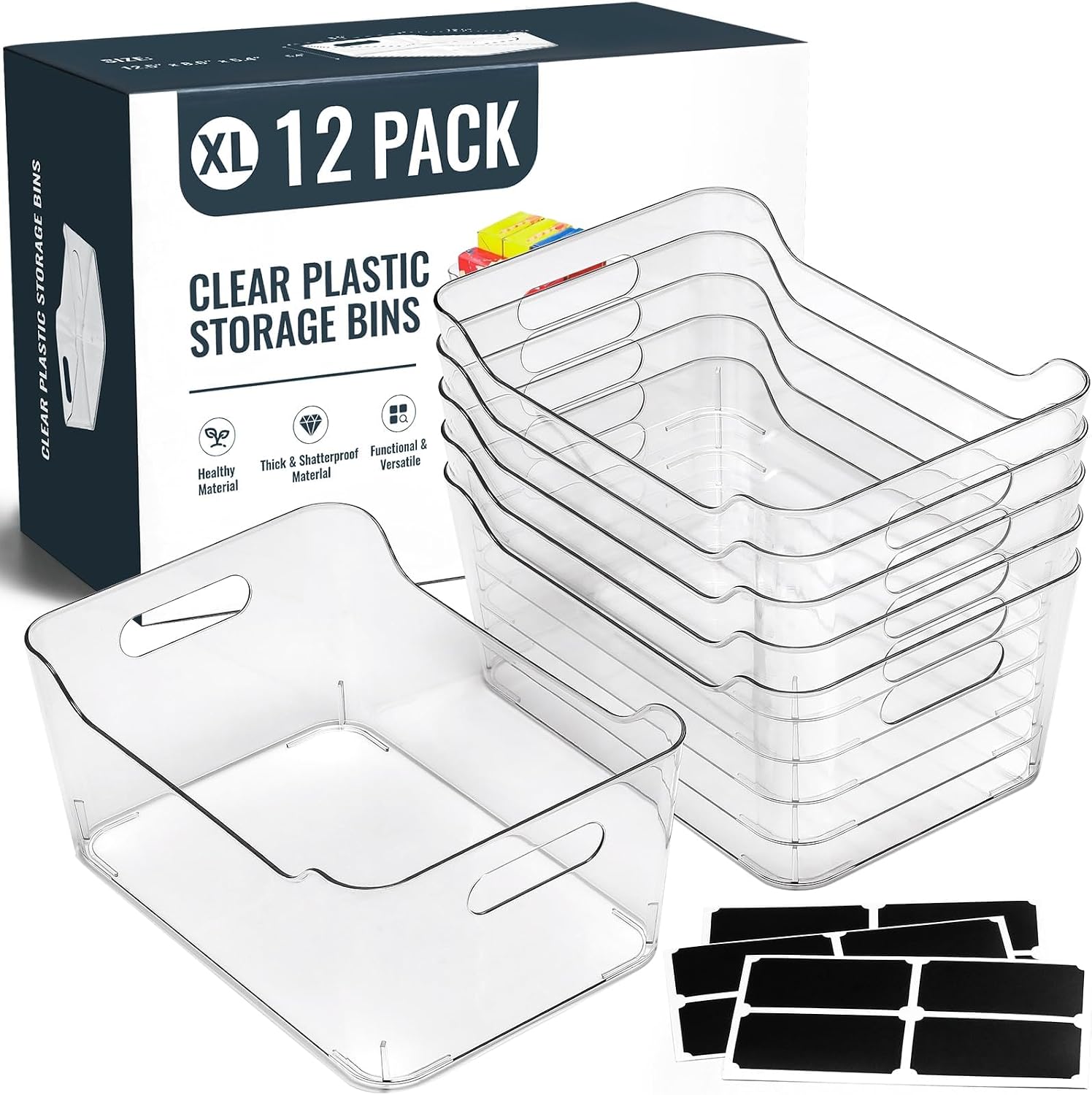 LANDNEOO 12 PACK Multi-Use Clear Plastic Storage Bins for Organizing with Labels - Home, Kitchen, Pantry, Bathroom, Office