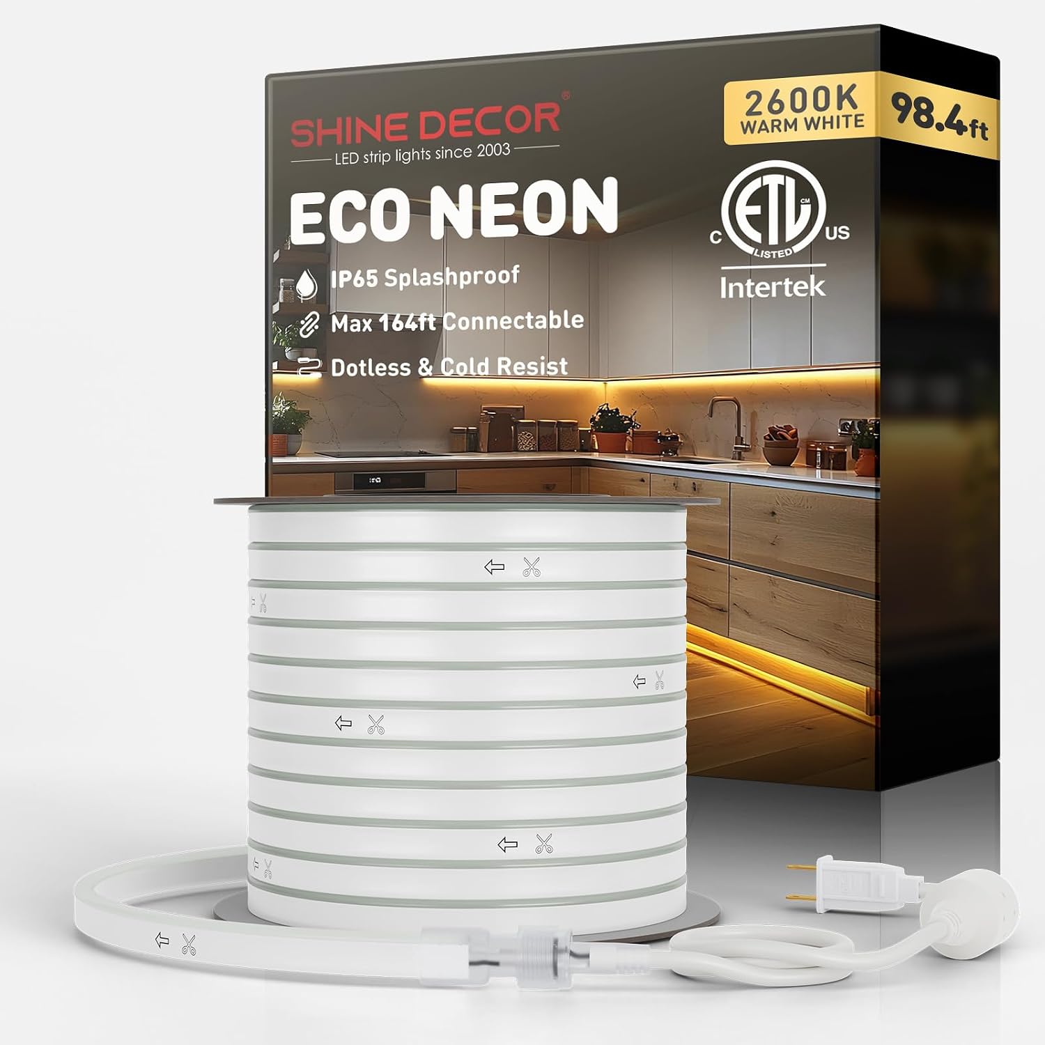 Shine Decor LED Neon Rope Lights Connectable, 131.2FT Flexible AC 110V 120V Neon LED Strip Lights(Warm White) Outdoor Waterproof