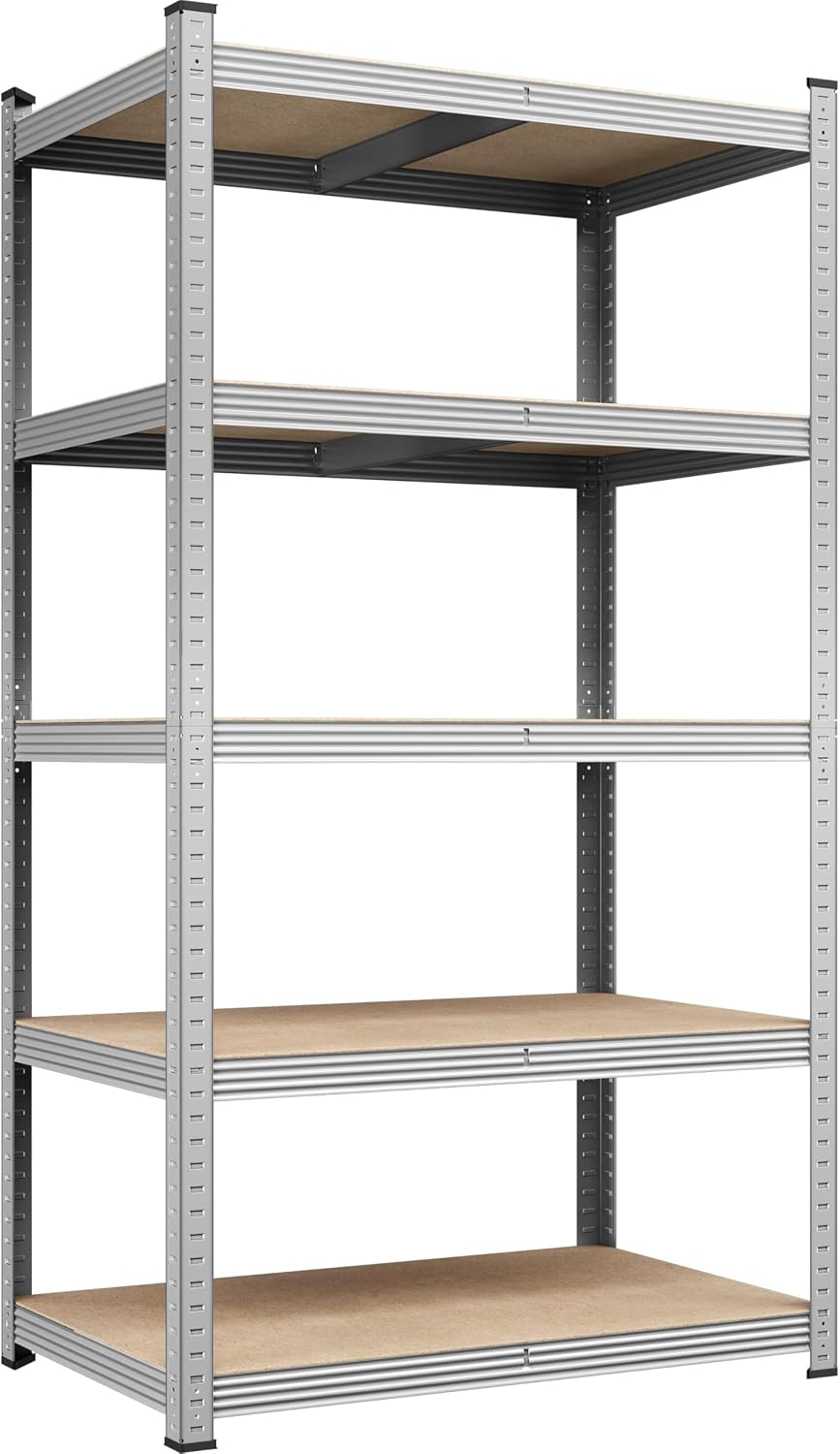 Yaheetech 5-Tier Heavy Duty Storage Shelves 28" W x 12" D x 60" H Silver, Boltless powder-coated metal frame and MDF boards assemble easily