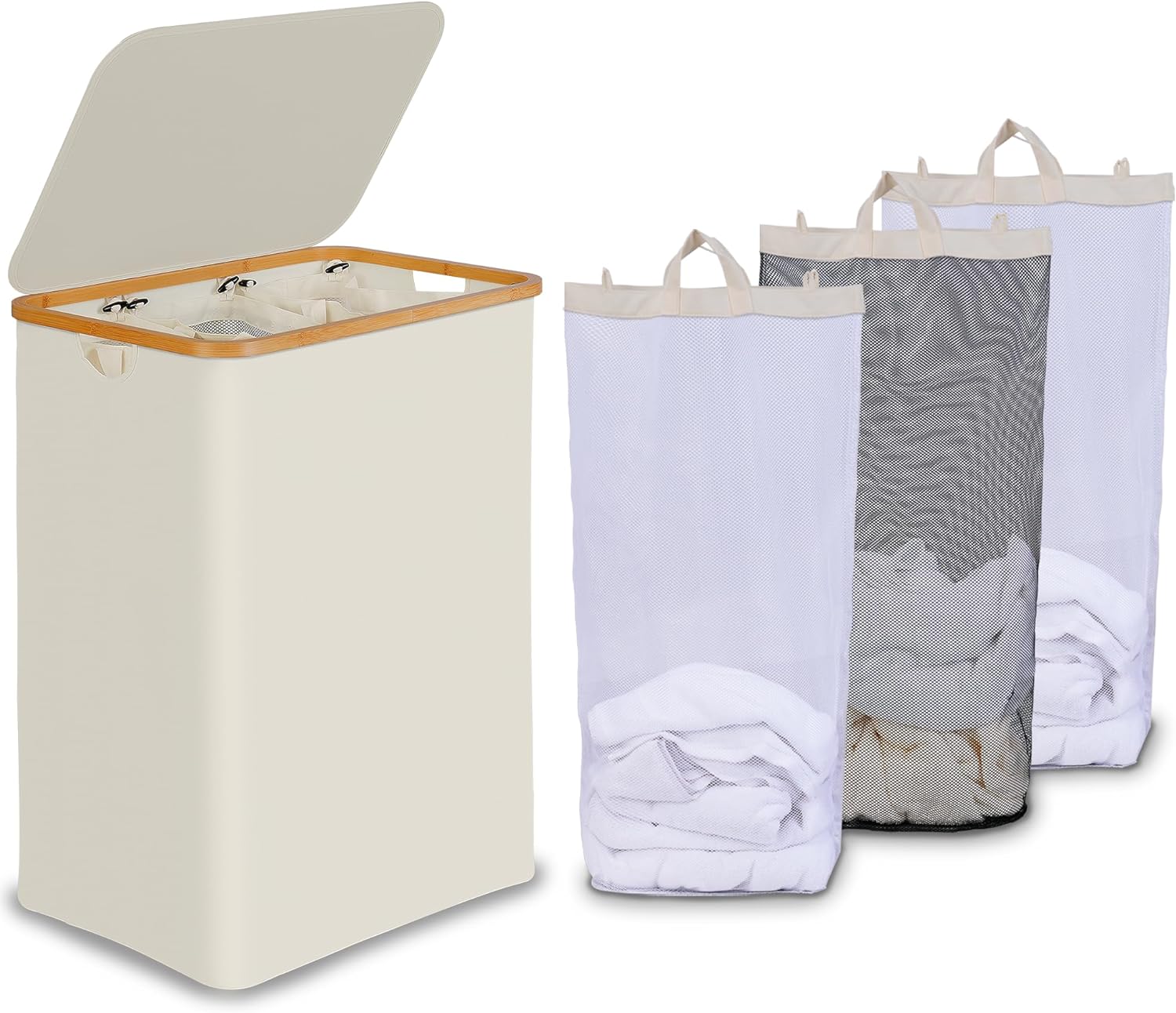 efluky Laundry Hamper with Lid, Double Laundry Basket with 2 Removable Bags, 2 Section Laundry Bin with Bamboo Handles for Bathroom