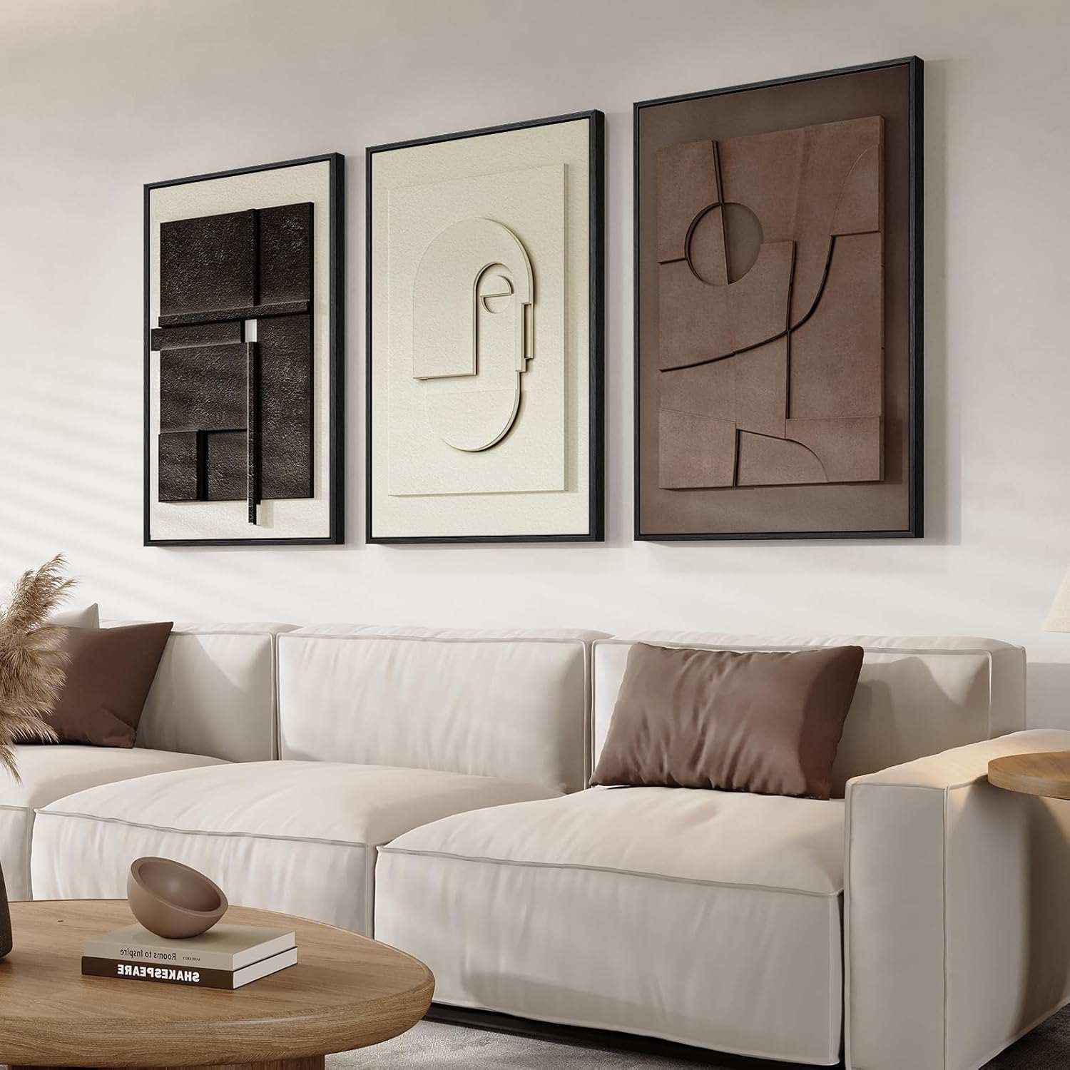Large 3D Textured Framed Boho Modern Neutral Abstract Wall Art for Living Room, 3 Piece Black White Brown Paintings Artwork for Walls
