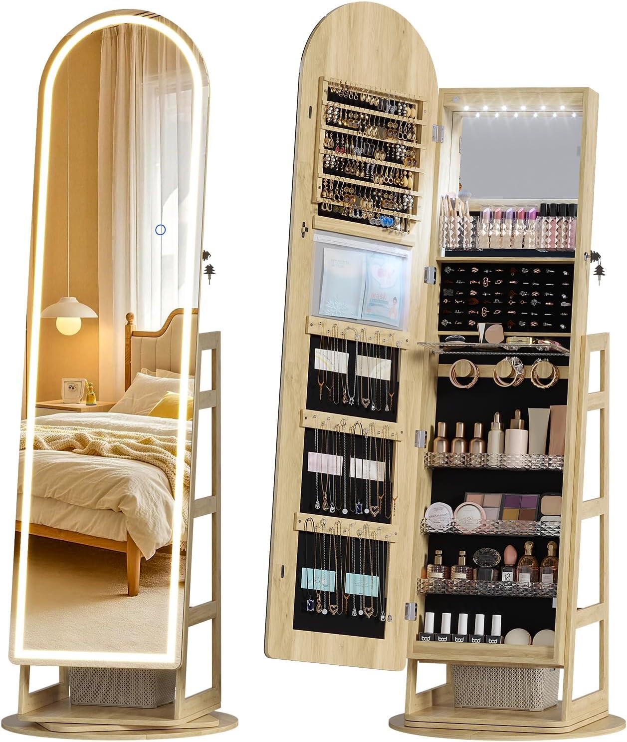 LVSOMT 64" H Arched LED Mirror Jewelry Cabinet Standing, White, 360° Swivel Full-Length Mirror with Storage