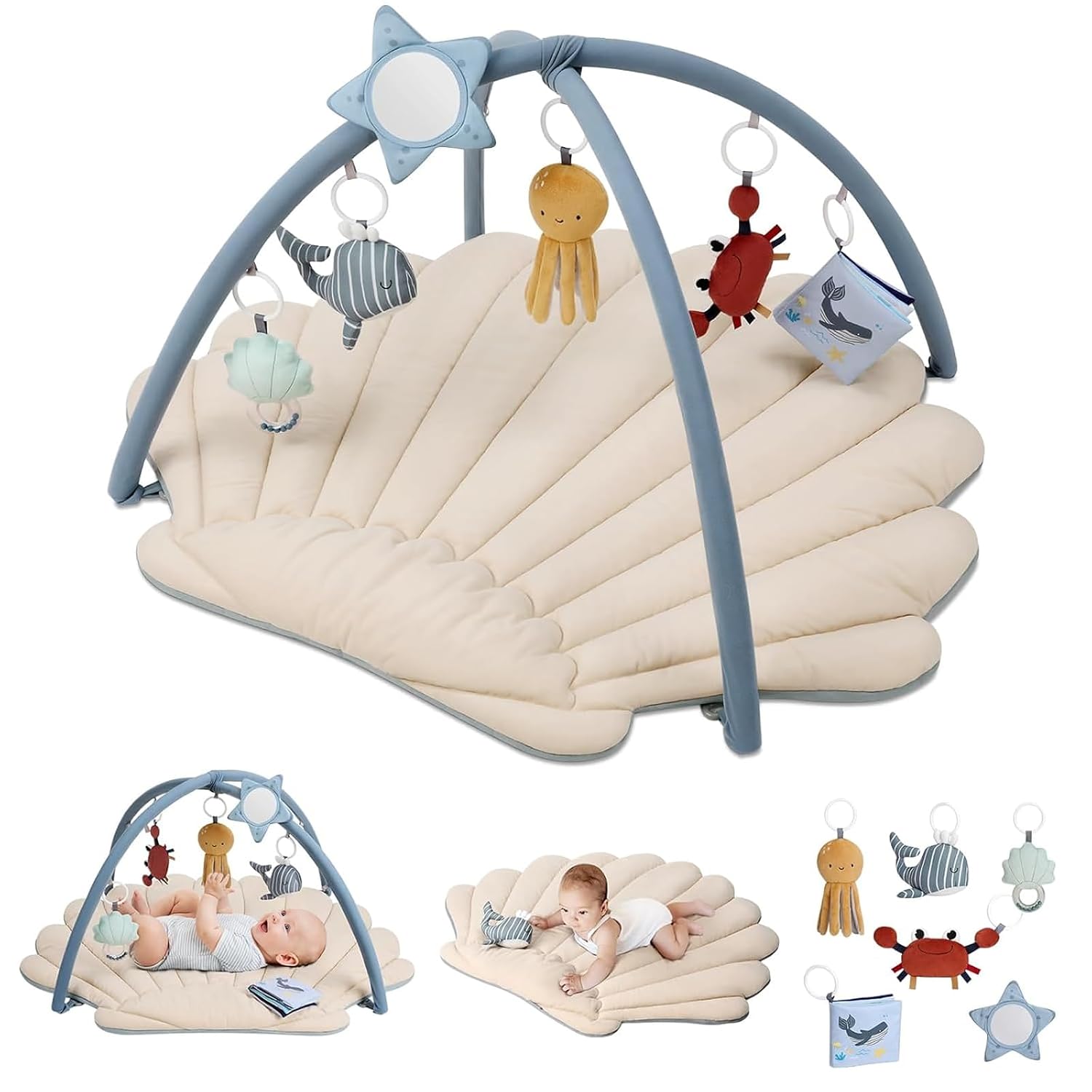 Blissful Diary Baby Play Gym and Activity Mat, Oversize Leaf Shaped Baby Play Mat w 6 Detachable Toys
