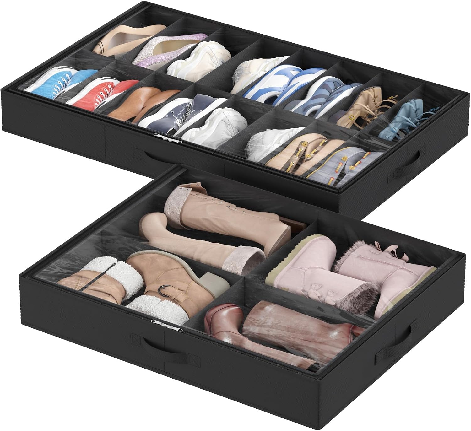 Lifewit Under Bed Shoe Storage Organizer 4 Pack(16 Shoes Cells), 4.3 Inches Profile Fabric Shoes Container Box with Clear Cover