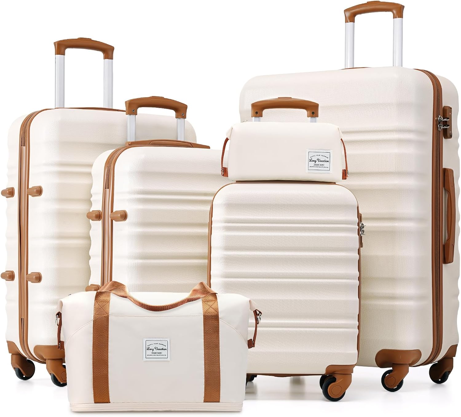 LONG VACATION 6 Piece Luggage Set Carry on Suitcase with ABS+PC hardshell, Spinner Wheels and YKK Zipper TSA Lock (BEIGE-BROWN, 6 piece set)