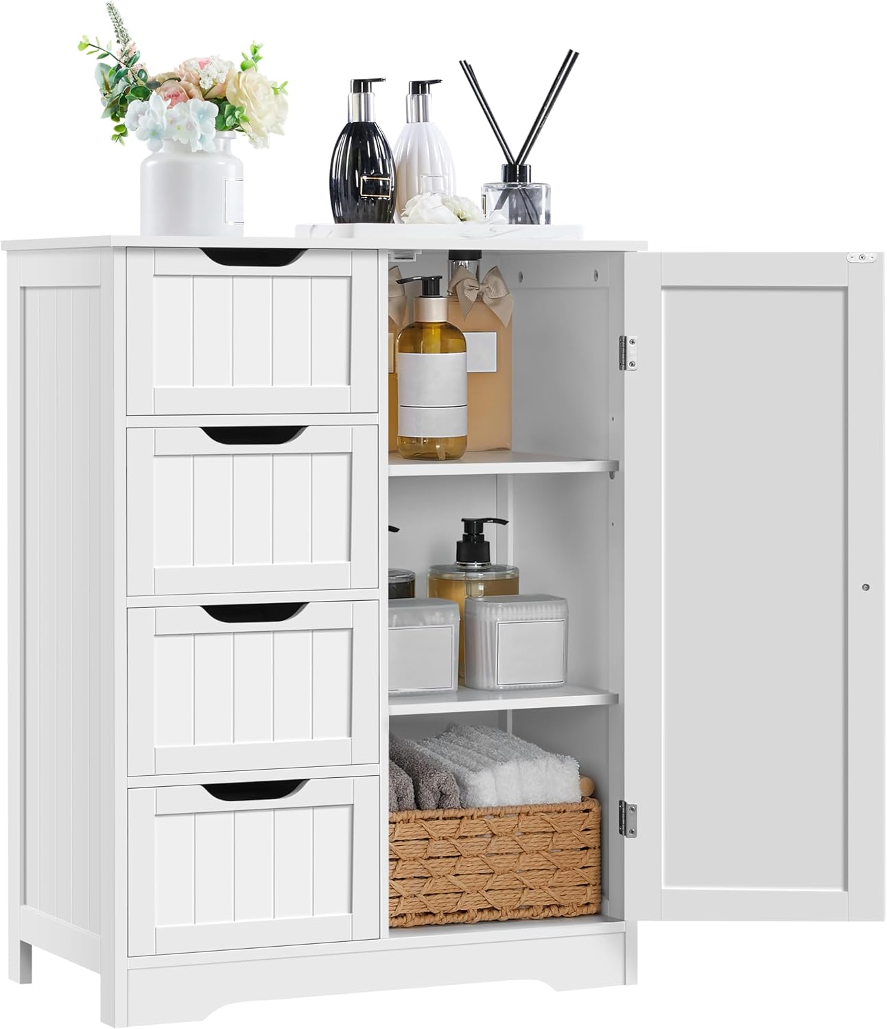 Yaheetech Wooden Floor Cabinet, Side Storage Organizer with 4 Drawers and 1 Cupboard, Freestanding Entryway Storage Unit Console Table