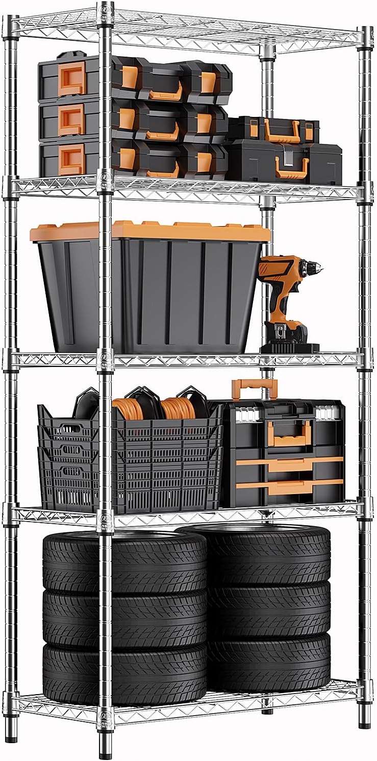 M MZG 5-Shelf Storage Shelves, Wire Shelving Heavy Duty Metal Storage Shelving Unit Adjustable Garage Shelving Rack Pantry Kitchen (Chrome, 5 Tier