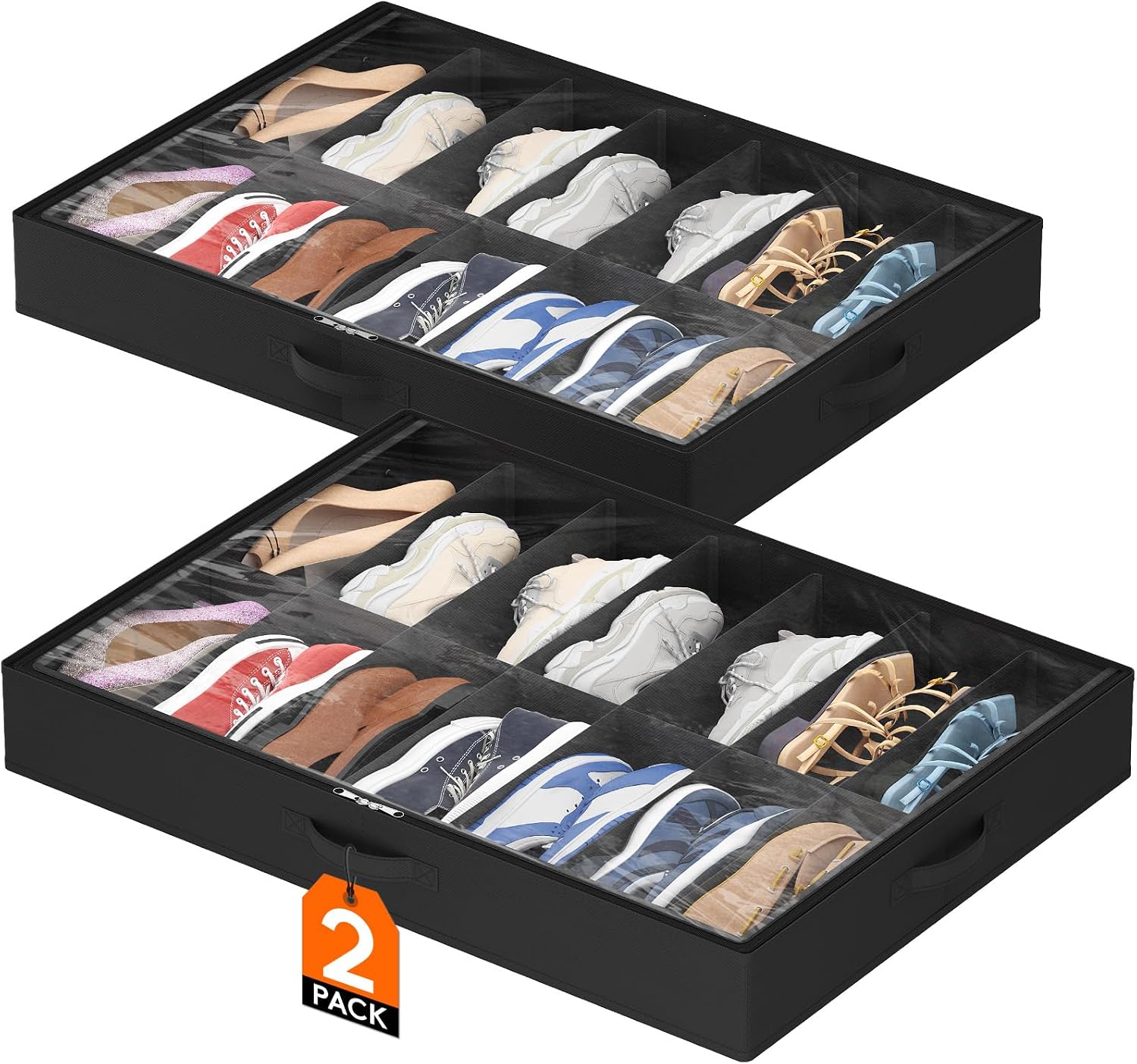 Lifewit Under Bed Shoe Storage Organizer 4 Pack(16 Shoes Cells), 4.3 Inches Profile Fabric Shoes Container Box with Clear Cover