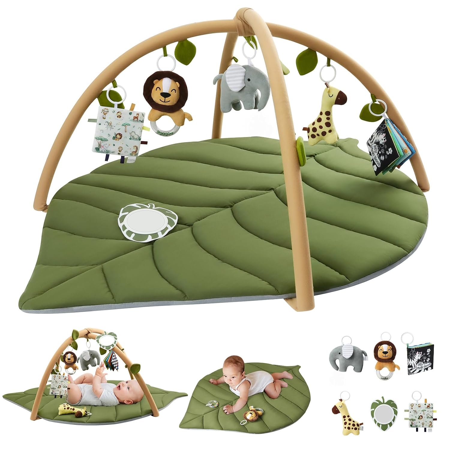 Blissful Diary Baby Play Gym and Activity Mat, Oversize Leaf Shaped Baby Play Mat w 6 Detachable Toys