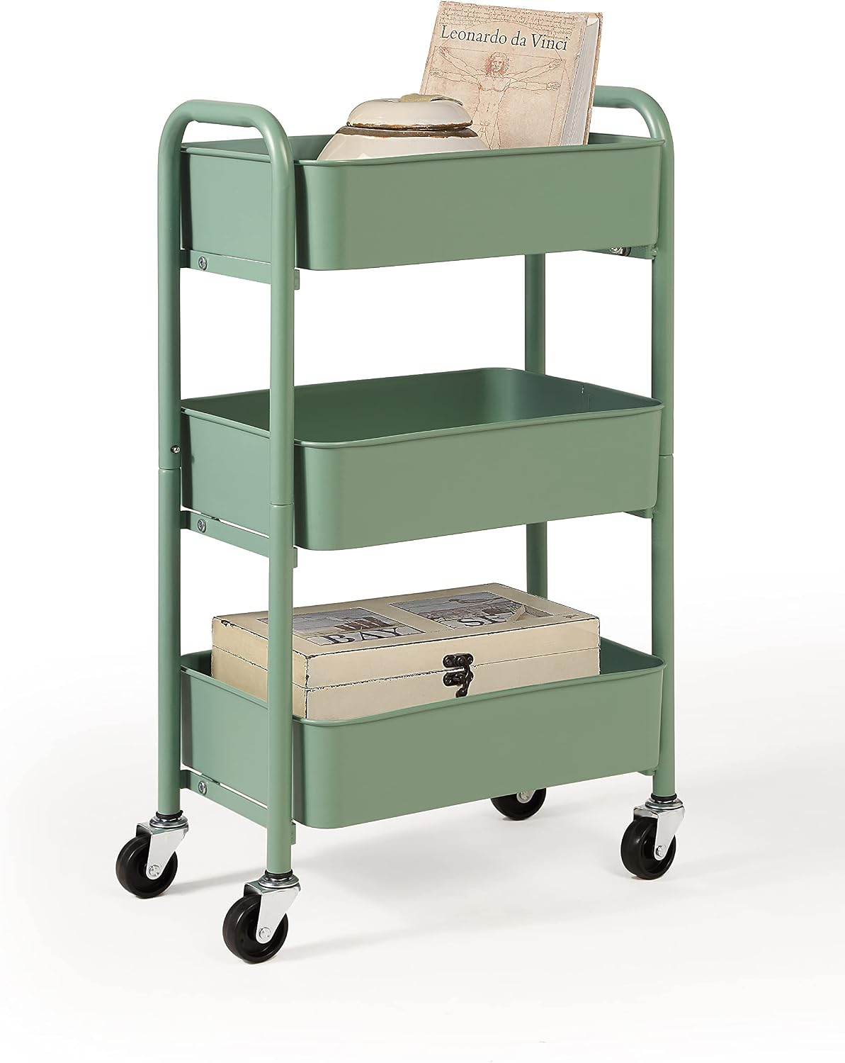 SunnyPoint 3-Tier Delicate Compact Rolling Metal Storage Organizer - Mobile Utility Cart Kitchen/Under Desk Cart with Caster Wheels - Army (15.35" X