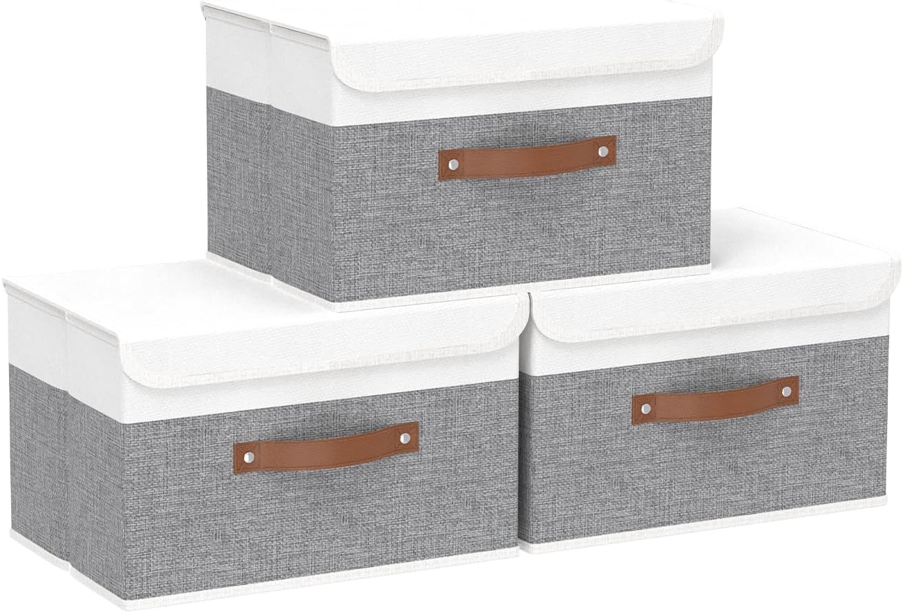 Yawinhe Storage Bins with Lids, Beige, 17.7x11.8x11.8in, 5-Pack, Fabric Container with Leather Handle, Washable Home Basket