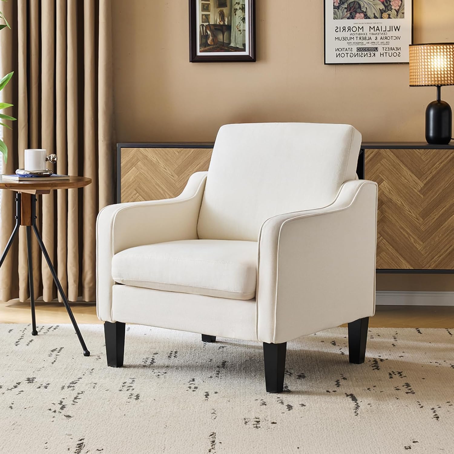 VINGLI Mid Century Modern Accent Chair, Light Grey Fabric Accent Chairs for Living Room Upholstered Armchair with Scooped Arms for Bedroom, Apartment