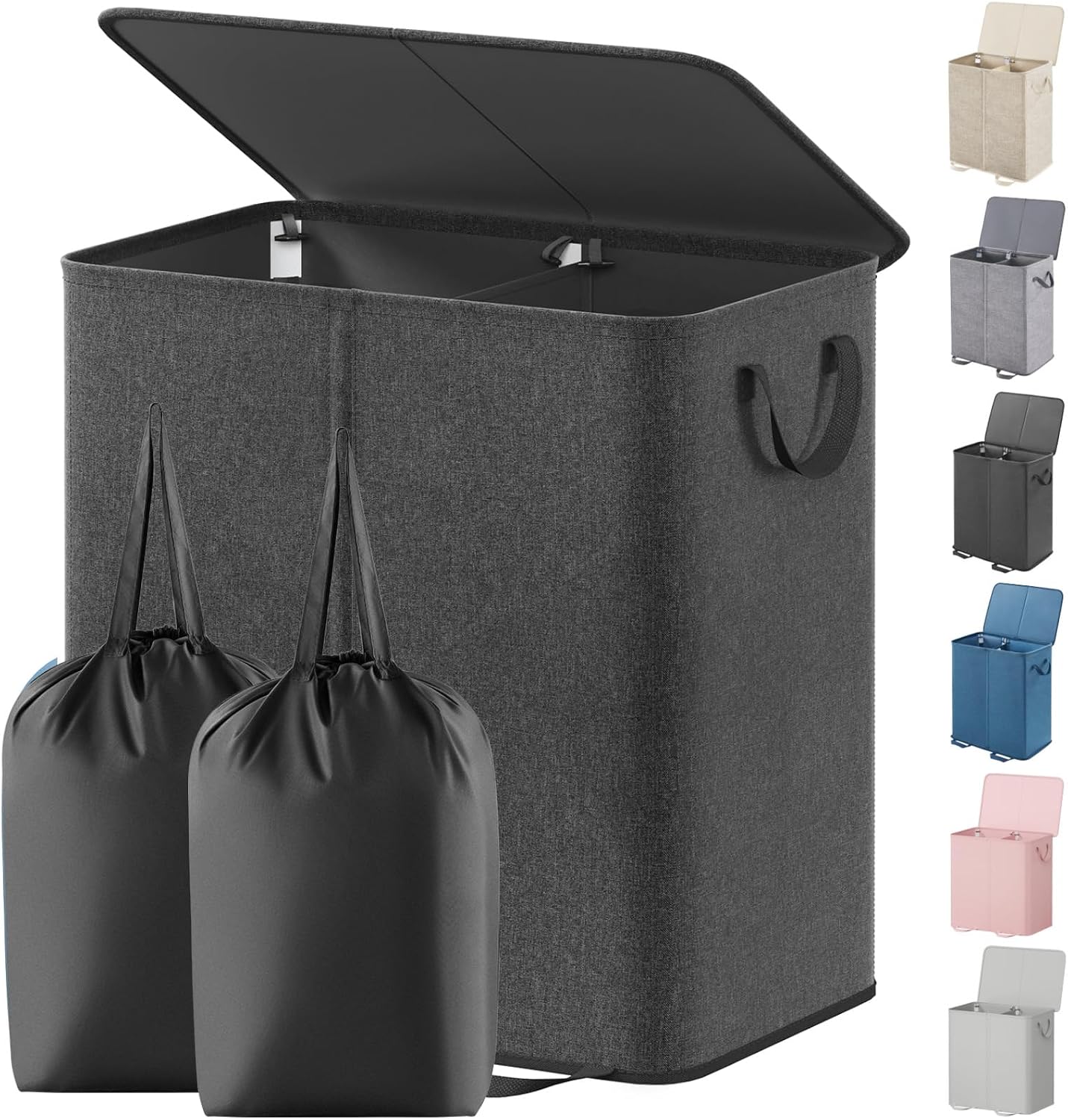 Lifewit Double Laundry Hamper with Lid and Removable Laundry Bags, Large Collapsible 2 Dividers Dirty Clothes Basket with Handles for Bedroom Laundry