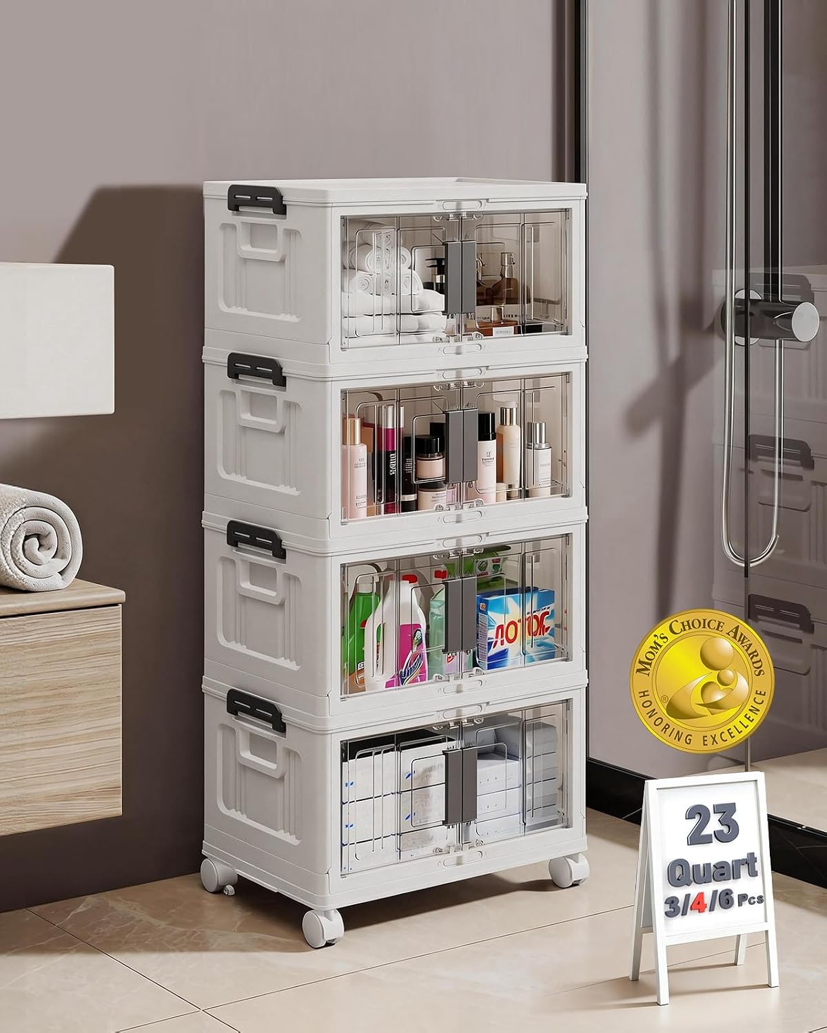 OlarHike 144QT Lockable Storage Bins with Lids - Folding Cabinet with Doors and Wheels, Collapsible Plastic Drawers for Dorm, Closets, Office