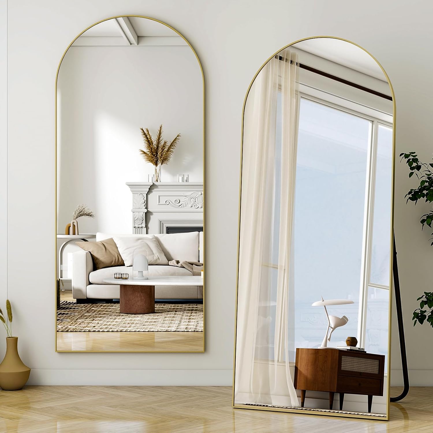 VooBang 35"x78" Gold Large Arched Floor Full Length Dressing Body Mirror, Shatterproof Tempered Glass, Modern Minimalist Chic Room Decor