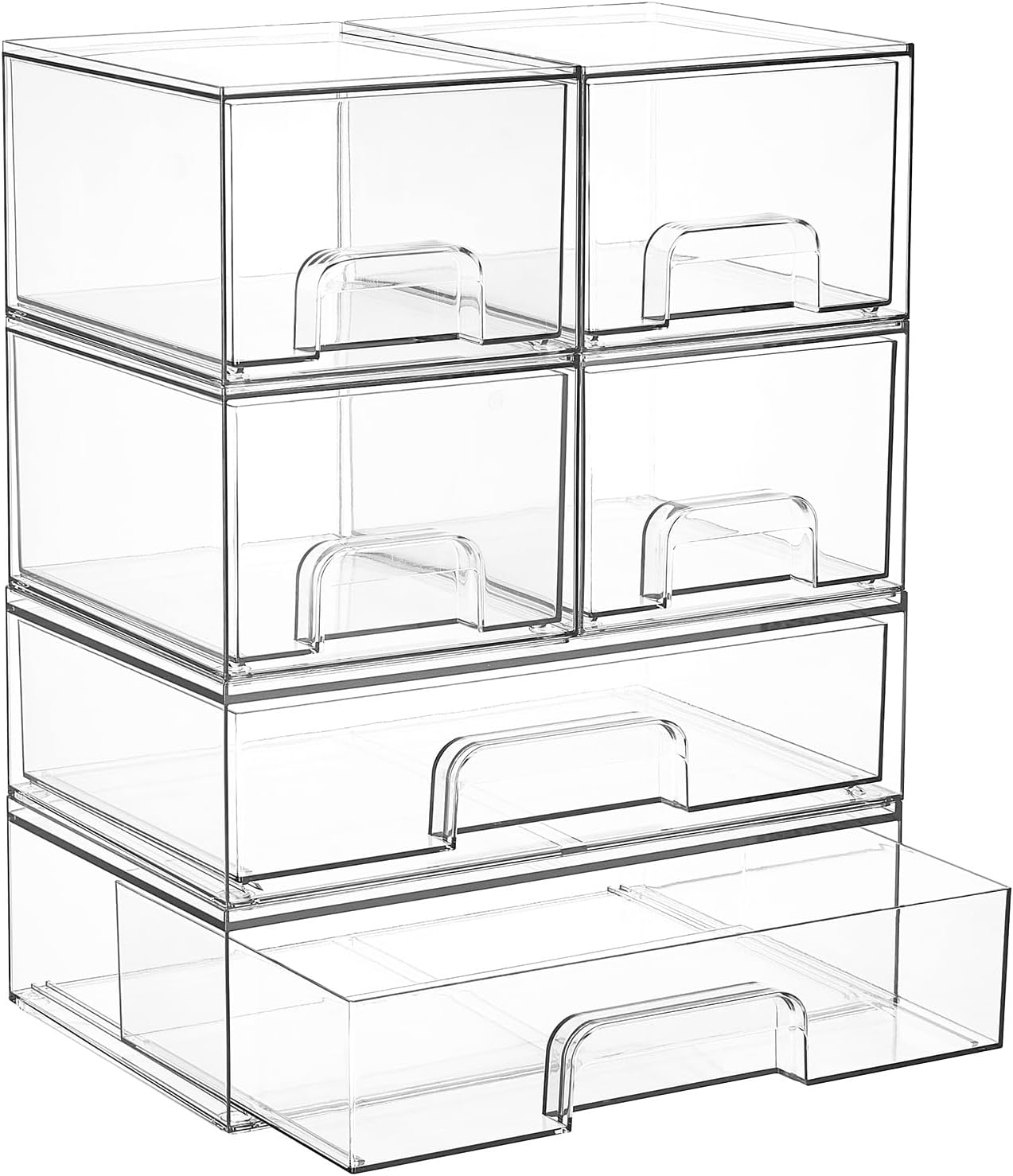 Vtopmart Stackable Storage Drawers Set of 6, Clear Plastic Organizer Bins for Bathroom Supplies, for Cabinet, Shelf, Pantry, Laundry Room Organization