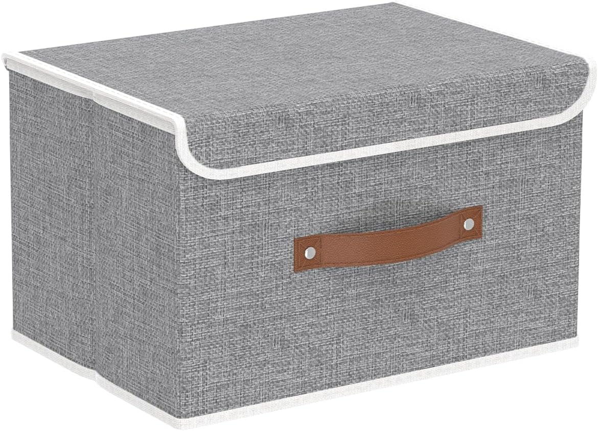 Yawinhe Storage Bins with Lids, Beige, 17.7x11.8x11.8in, 5-Pack, Fabric Container with Leather Handle, Washable Home Basket