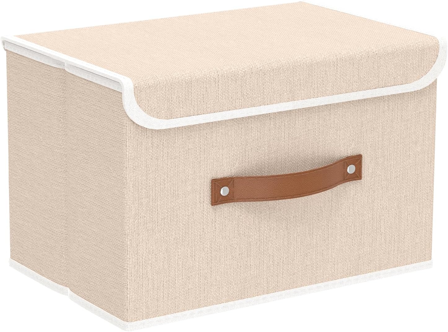 Yawinhe Storage Bins with Lids, Beige, 17.7x11.8x11.8in, 5-Pack, Fabric Container with Leather Handle, Washable Home Basket