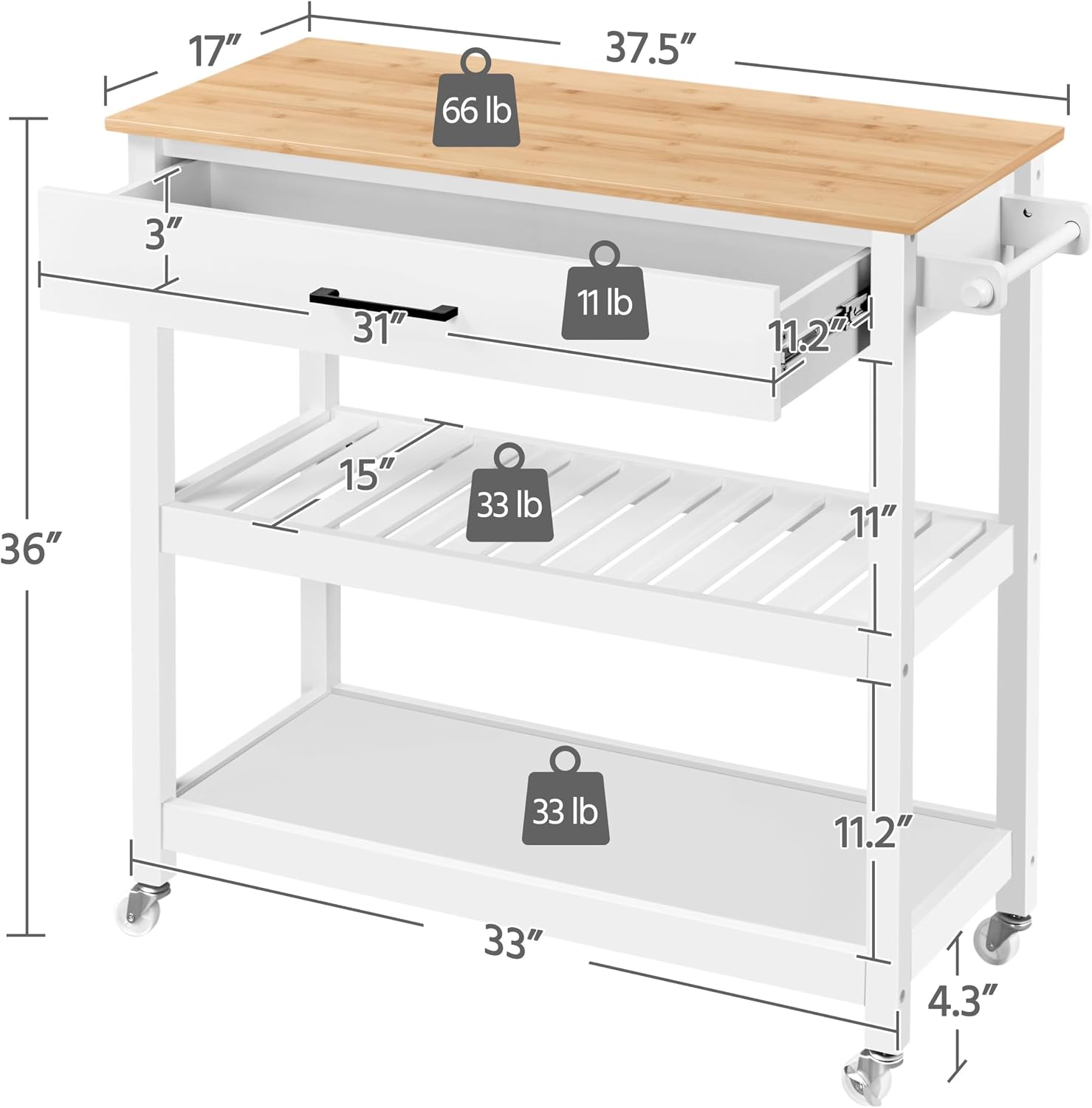 Yaheetech Rolling Kitchen Island Cart with 3 Shelves Lockable Wheels, White, Solid Wood Small Kitchen Island with Storage