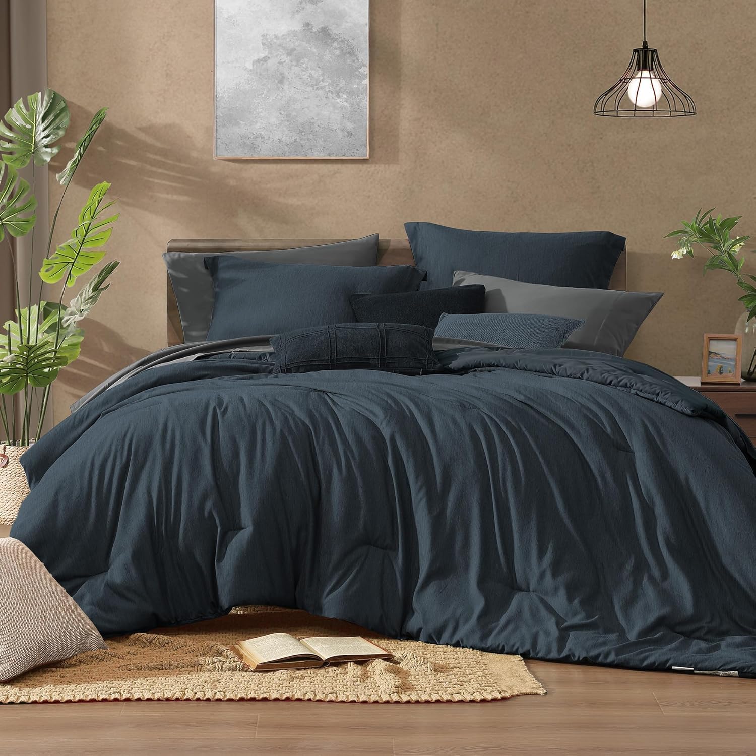 Monbix King Size Comforter Set, Olive Green King Bed Set Reversible, King Size Comforter Set 7 Pieces, Cationic Dyeing Bed in a Bag with Comforter