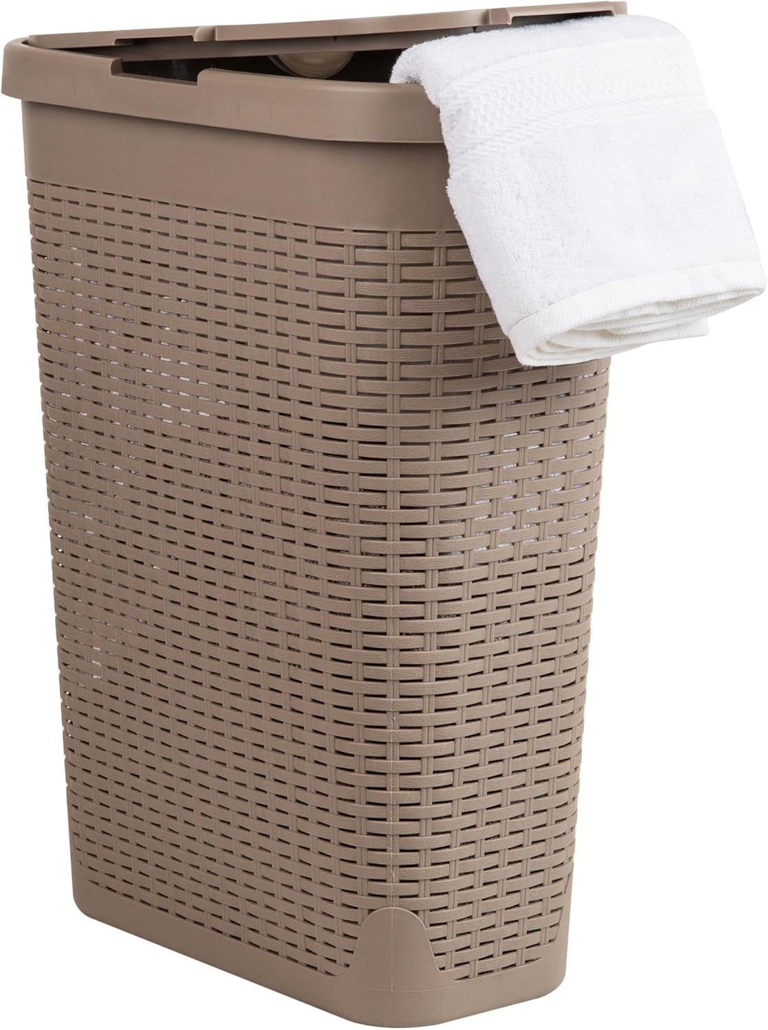 Mind Reader Slim Laundry Hamper with Lid, 40L Clothes Basket, Narrow Tapered Design with Ventilated Cutout Pattern, Plastic, White